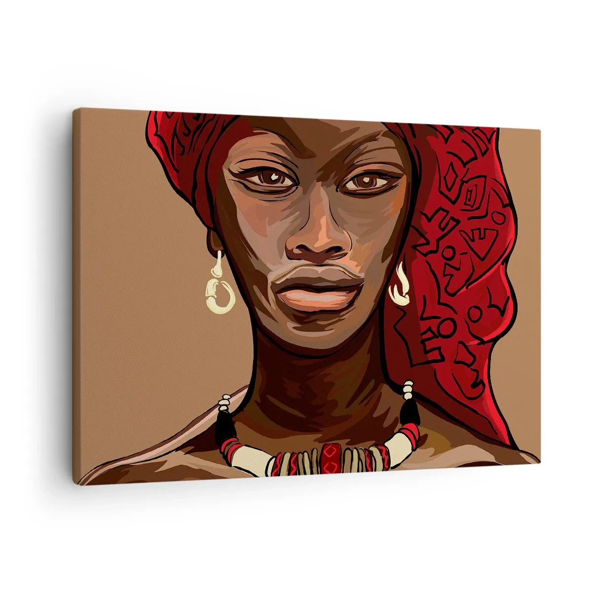 Obraz na plátně - Portrét ženy s červeným turbanem na béžovém pozadí - 70x50cm - Ebenová Venuše - Moderní nástěnná dekorace do obývacího pokoje a ložnice ARTTOR