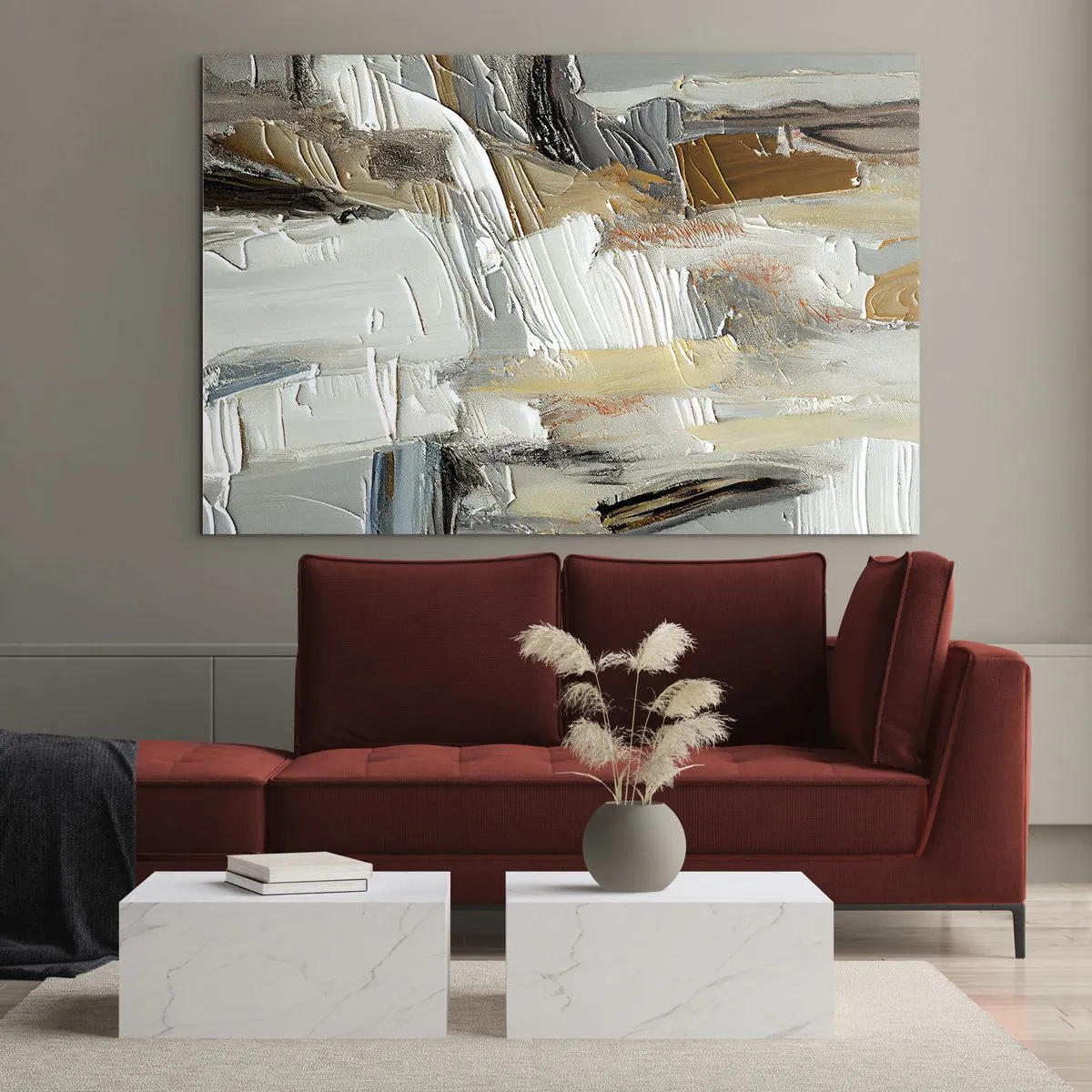 Obraz na skle - Abstraktní kompozice v zemitých tónech s výraznou texturou. - 70x50cm - Barevné nahromadění - Moderní nástěnná dekorace do obývacího pokoje a ložnice ARTTOR