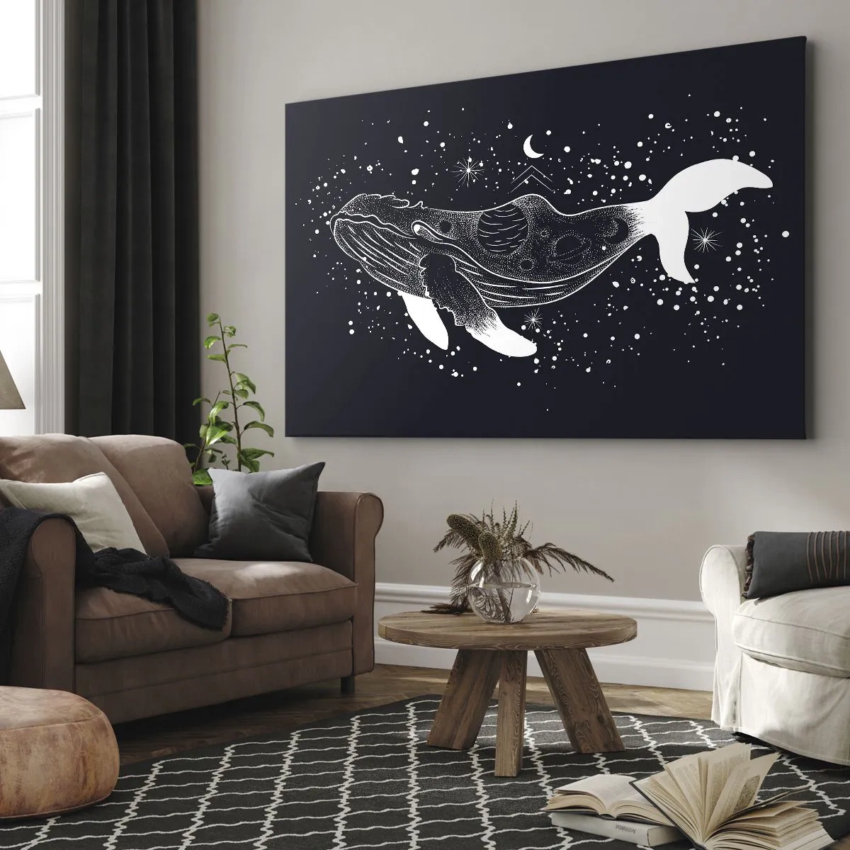 Obraz na plátně - Grafická ilustrace velryby ve stylu vesmírného věku. - 70x50cm - V oceánu vesmíru - Moderní nástěnná dekorace do obývacího pokoje a ložnice ARTTOR