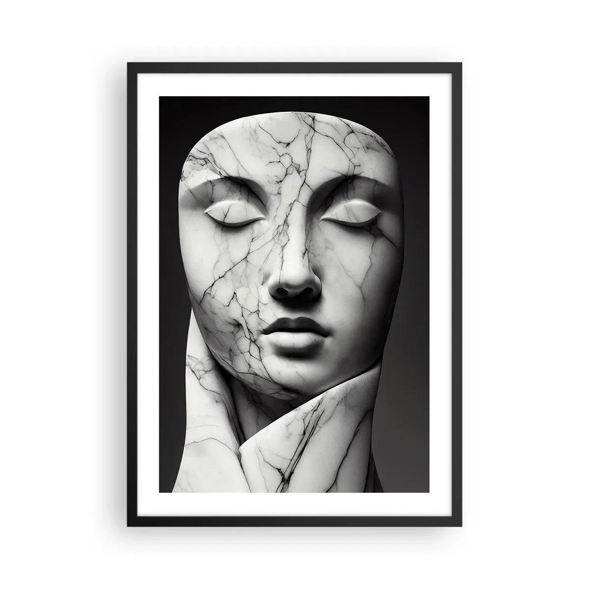 Plakát v černém rámu - Mramorová socha obličeje se zavřenýma očima na černém pozadí - 50x70cm - Mramorové tvary - Moderní nástěnná dekorace do obývacího pokoje a ložnice ARTTOR