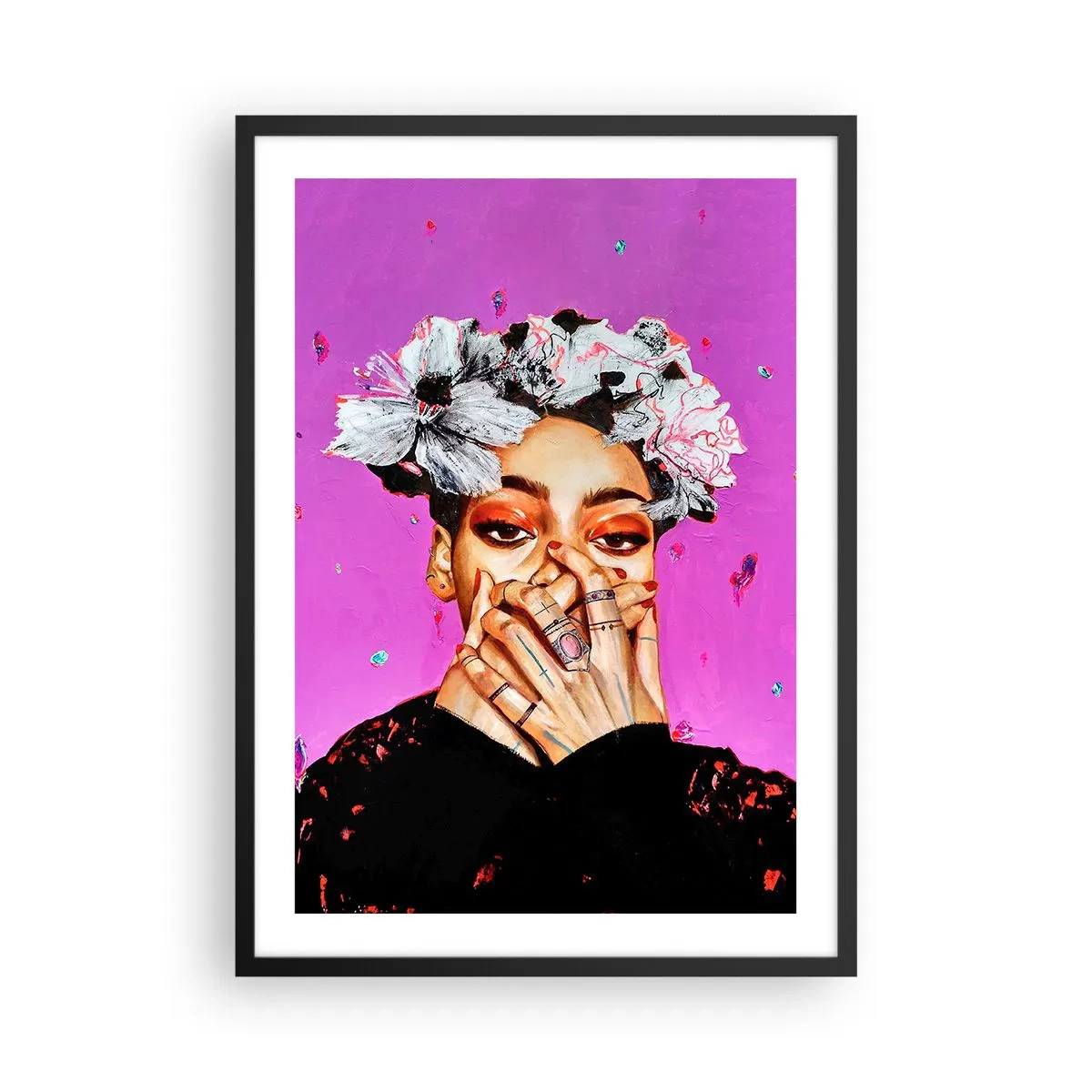 Plakát v černém rámu - Expresivní portrét ženy na intenzivně růžovém pozadí. - 50x70cm - Trochu bláznivá - Moderní nástěnná dekorace do obývacího pokoje a ložnice ARTTOR