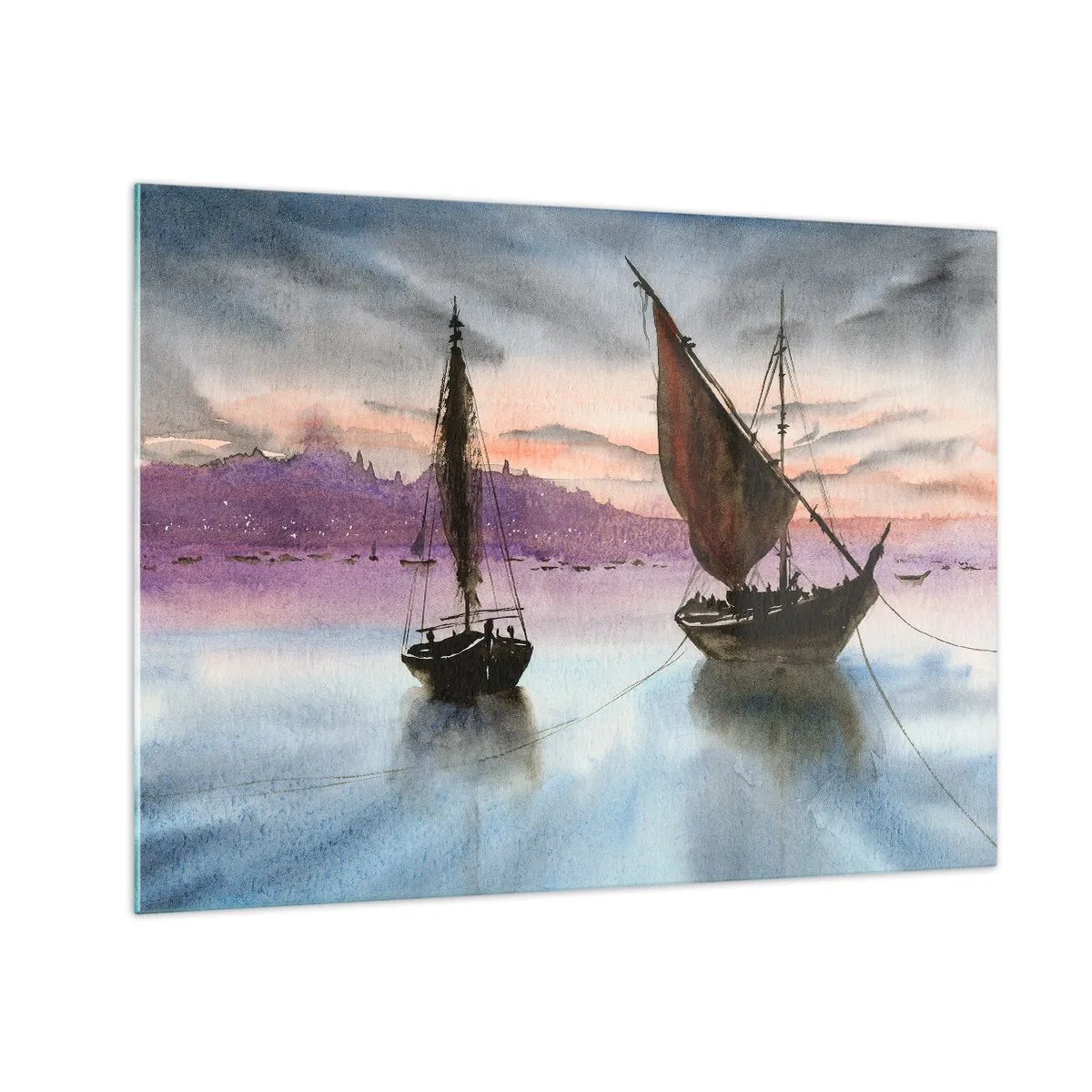 Obraz na skle - Dvě plachetnice na klidné vodě při západu slunce - 70x50cm - Večer v přístavu - Moderní nástěnná dekorace do obývacího pokoje a ložnice ARTTOR