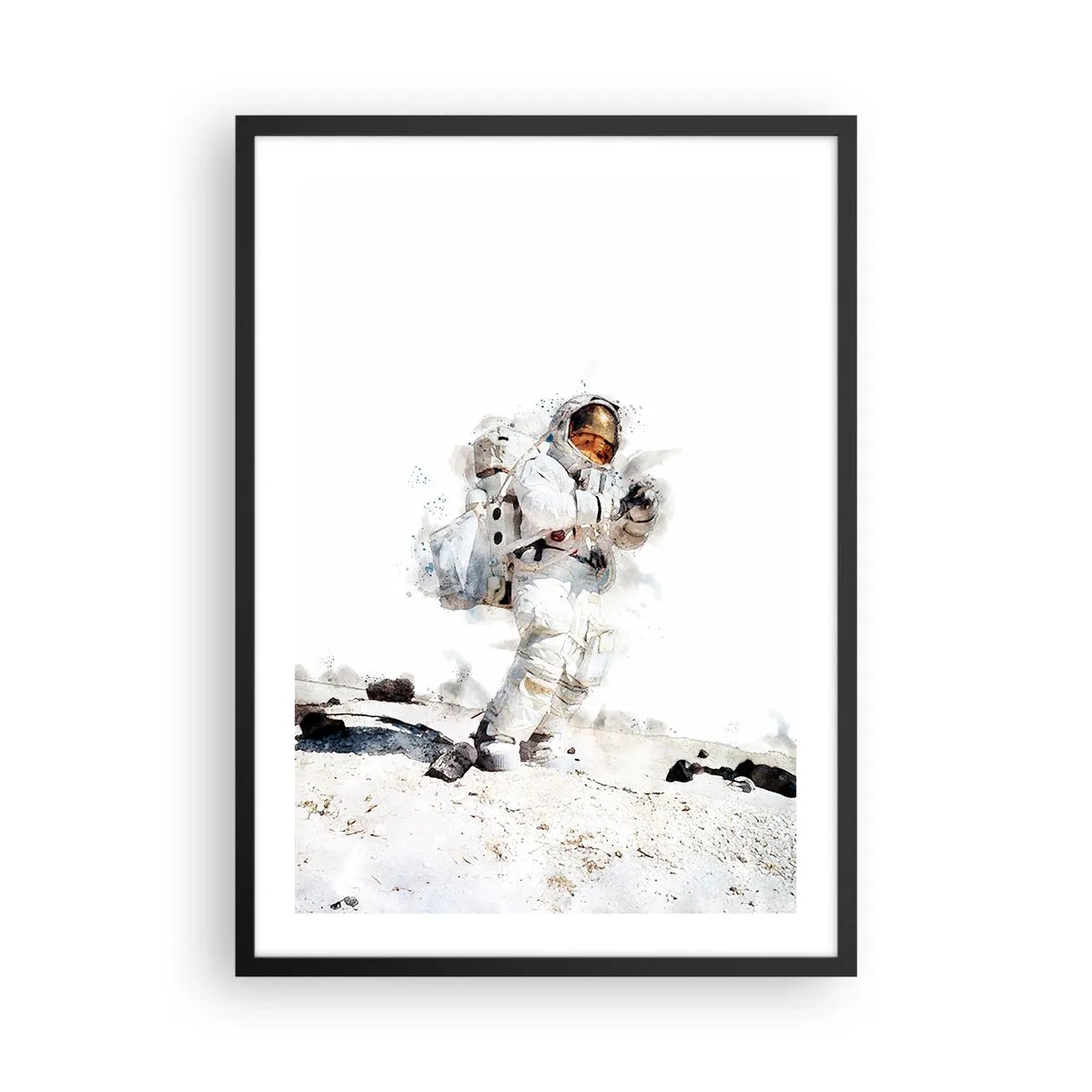 Plakát v černém rámu - Astronaut ve skafandru na povrchu Měsíce - 50x70cm - Posel Země - Moderní nástěnná dekorace do obývacího pokoje a ložnice ARTTOR