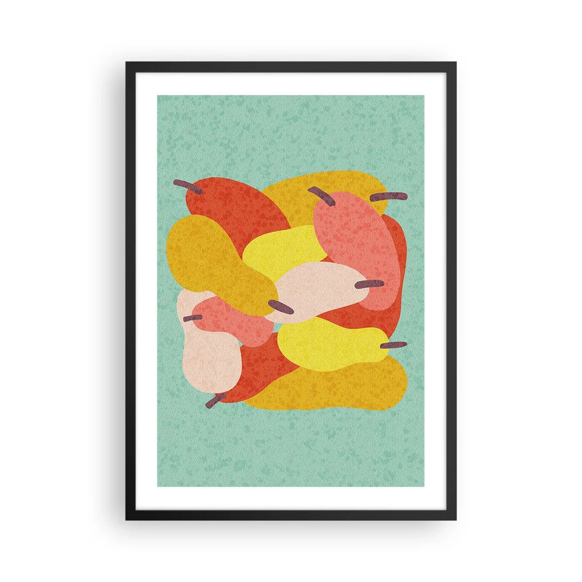 Plakát v černém rámu - Barevné ilustrace hrušek na tyrkysovém pozadí - 50x70cm - Ochutnejte letní slunce - Moderní nástěnná dekorace do obývacího pokoje a ložnice ARTTOR