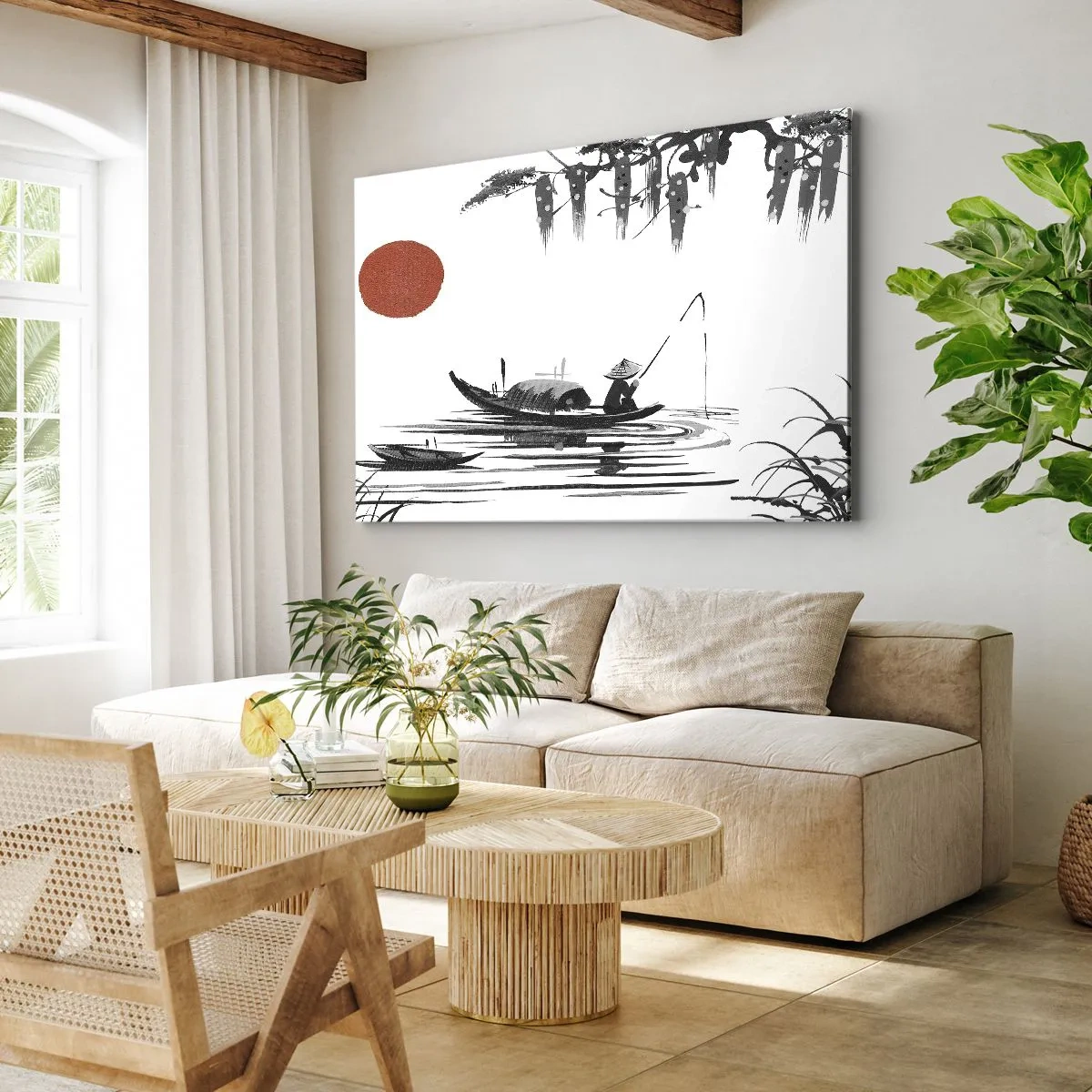Obraz na plátně - Orientální krajina s rybářem na lodi a rudým sluncem - 70x50cm - Asijské odpoledne - Moderní nástěnná dekorace do obývacího pokoje a ložnice ARTTOR