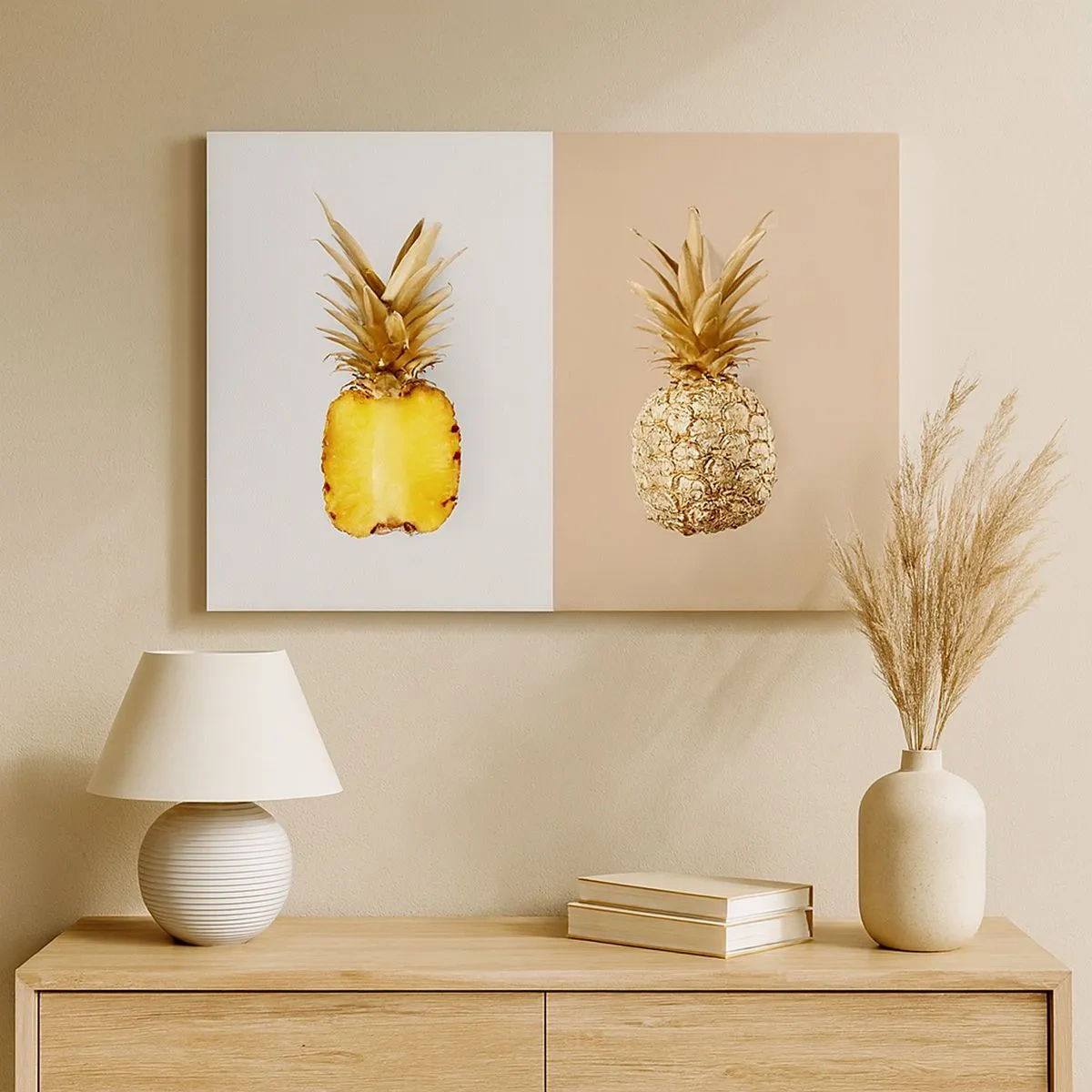 Obraz na plátně - Polovina čerstvého, zlatavého ananasu na kontrastním pozadí - 70x50cm - Ananas pro nás - Moderní nástěnná dekorace do obývacího pokoje a ložnice ARTTOR
