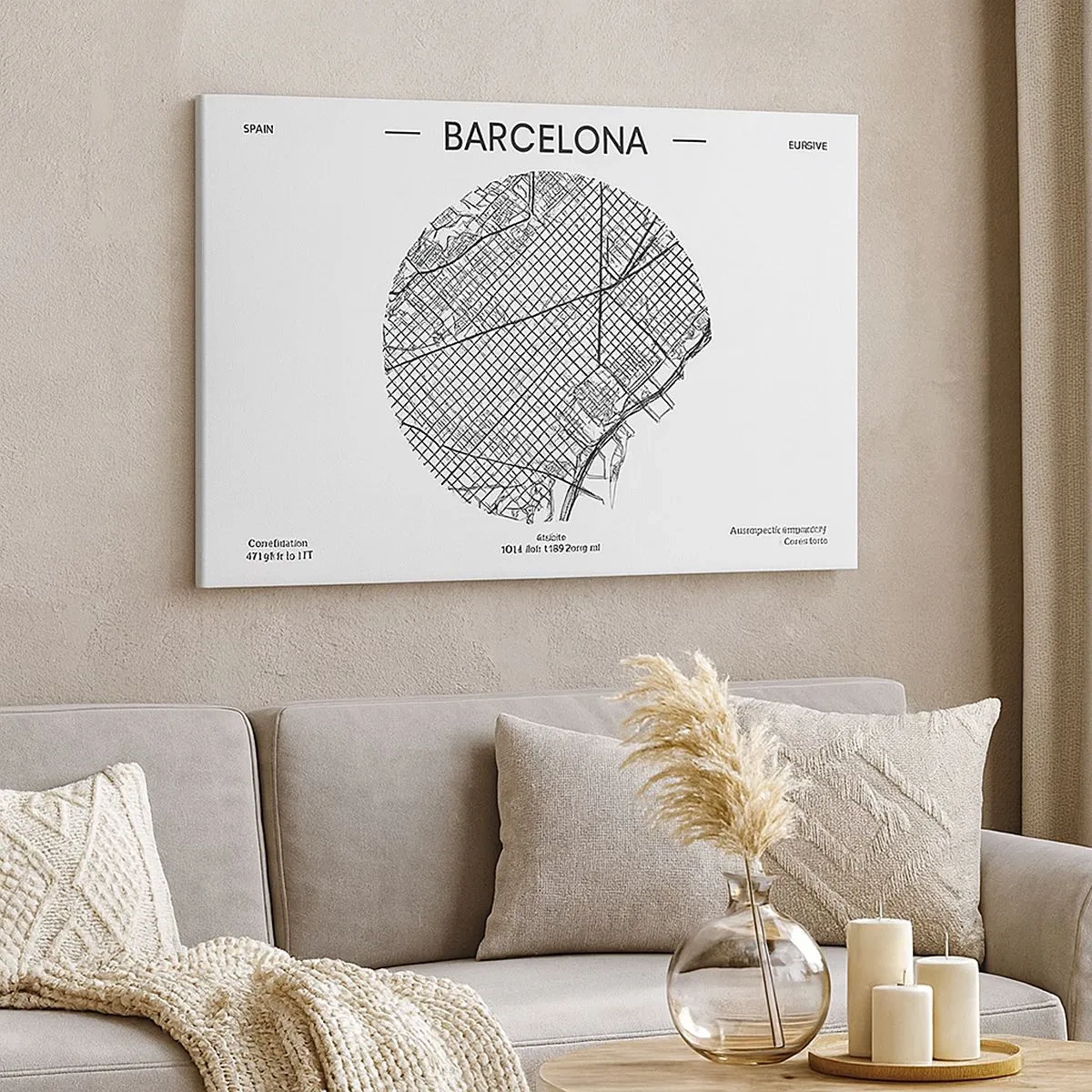 Obraz na plátně - Mapa Barcelony v minimalistickém černobílém stylu - 70x50cm - Anatomie Barcelony - Moderní nástěnná dekorace do obývacího pokoje a ložnice ARTTOR