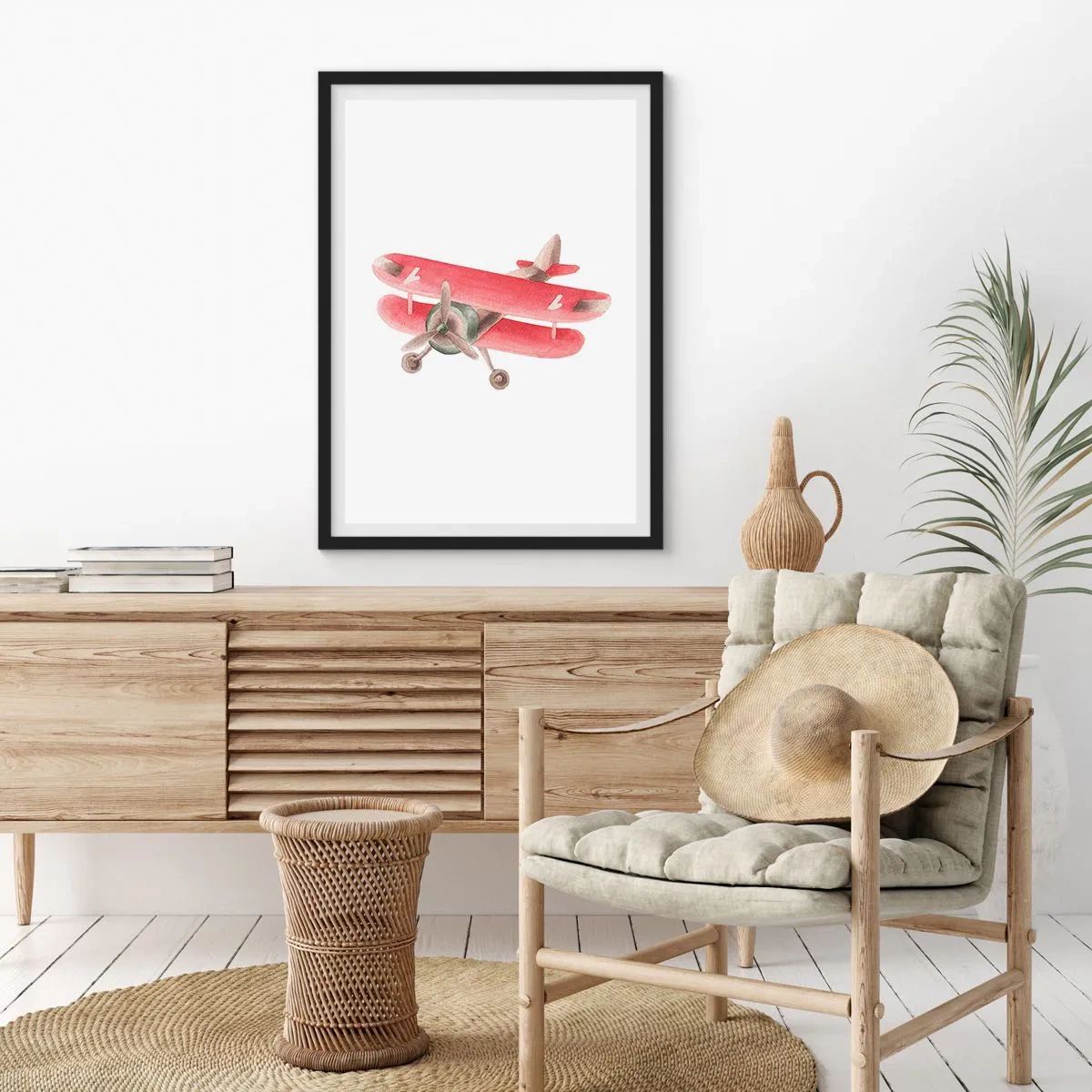 Plakát v černém rámu - Okouzlující červený retro dvojplošník - 50x70cm - Připraven na vysoký let - Moderní nástěnná dekorace do obývacího pokoje a ložnice ARTTOR