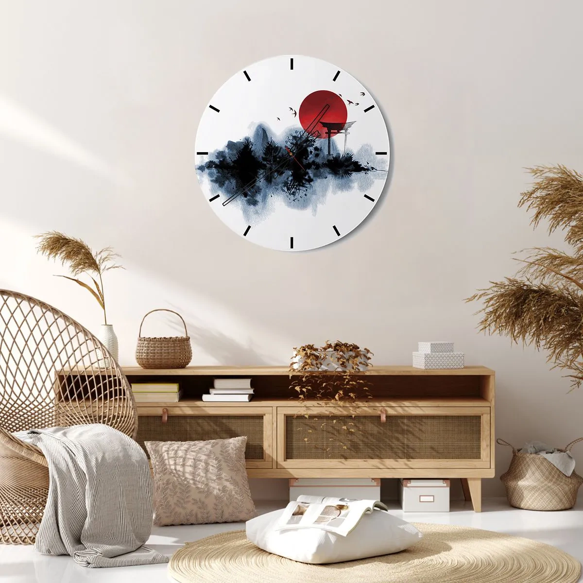 Nástěnné hodiny - Červená sluneční koule a brána torii v japonském stylu nad vodou - 30x30cm - Japonský pohled - Moderní nástěnná dekorace do obývacího pokoje, kuchyně a ložnice ARTTOR
