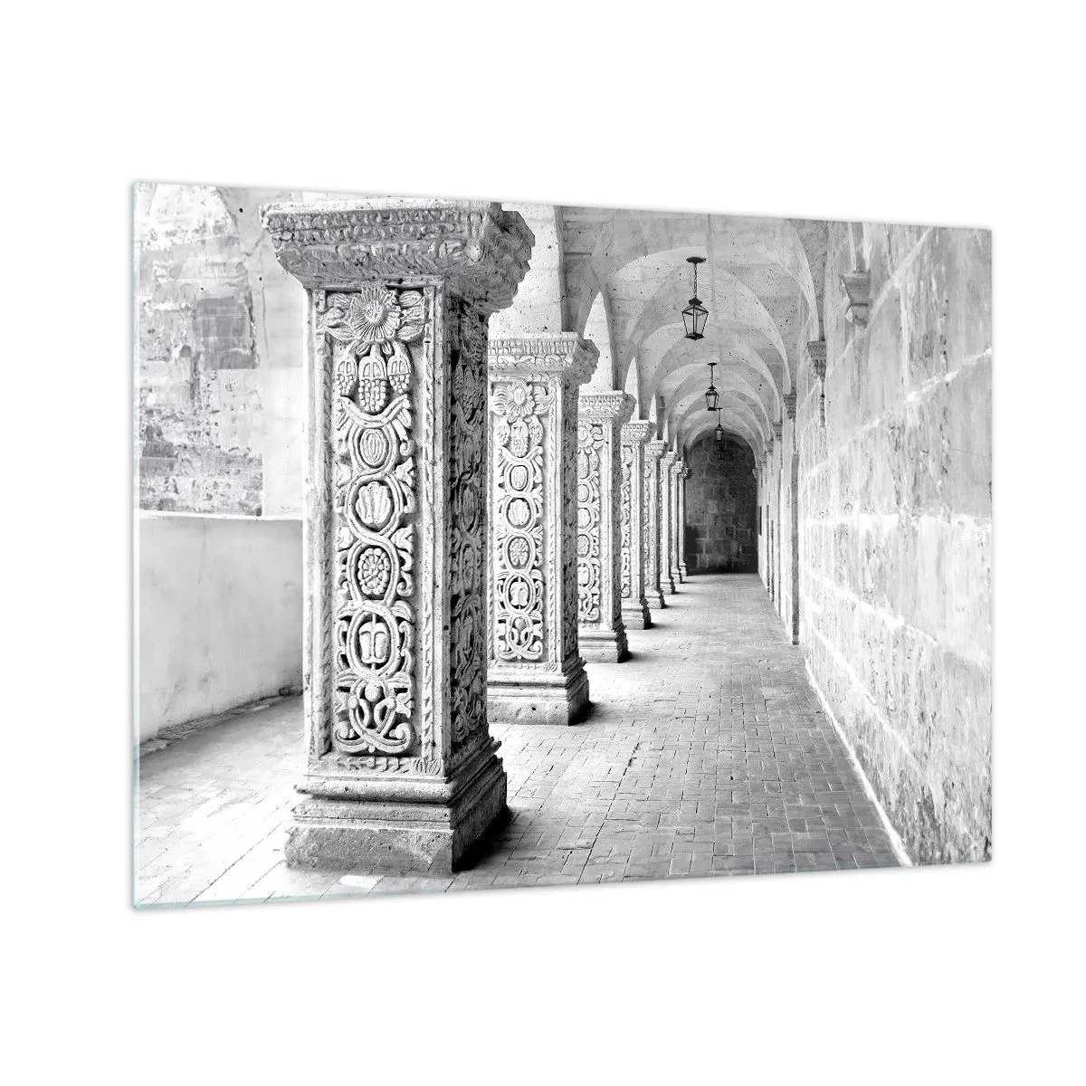 Obraz na skle - Historický klášter s vyřezávanými sloupy - 70x50cm - Kam...? - Moderní nástěnná dekorace do obývacího pokoje a ložnice ARTTOR