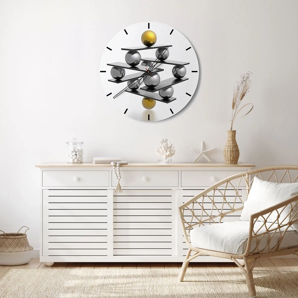 Nástěnné hodiny - Moderní kompozice zlatých a stříbrných kuliček na bílém pozadí - 30x30cm - Zlato-stříbrná rovnováha - Moderní nástěnná dekorace do obývacího pokoje, kuchyně a ložnice ARTTOR
