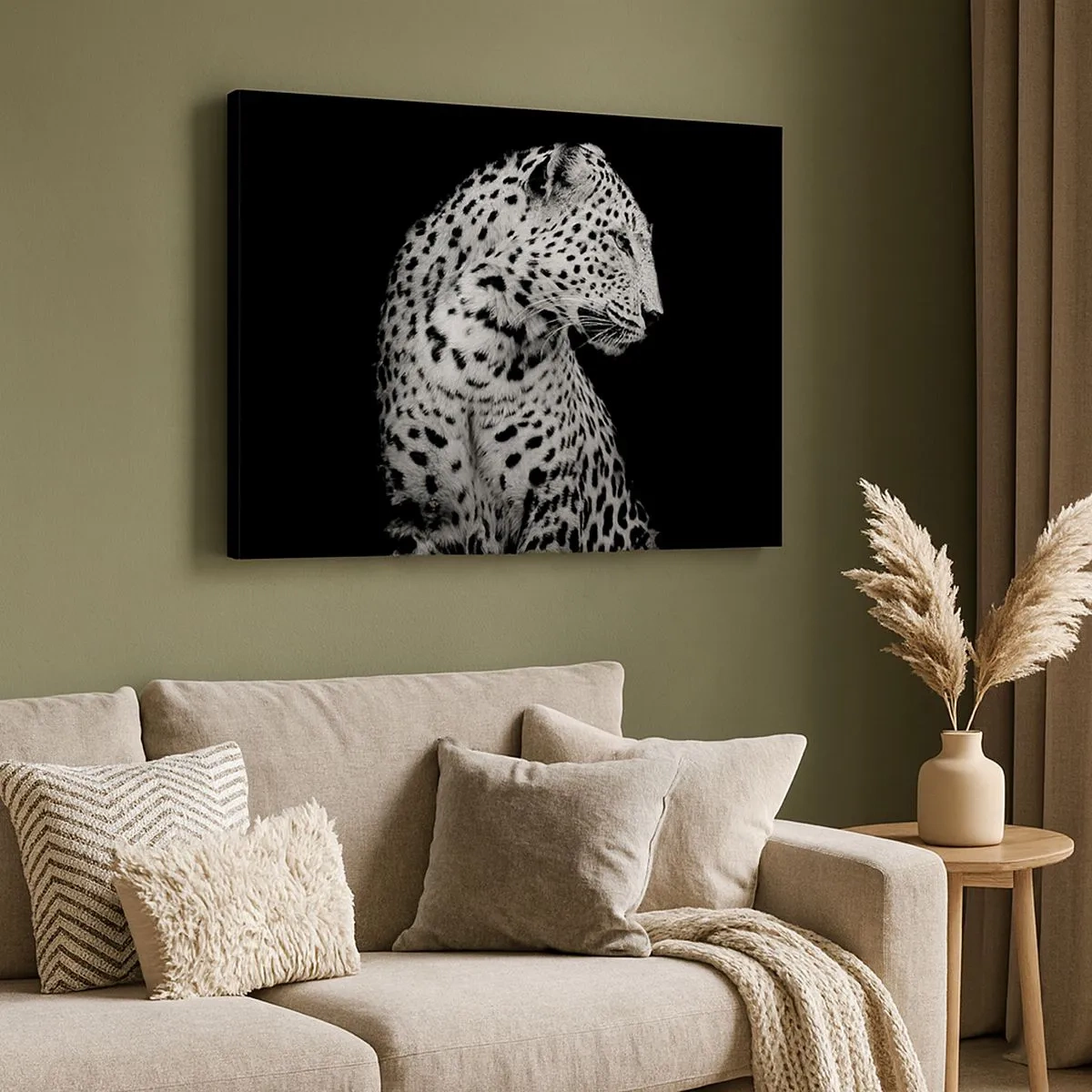 Obraz na plátně - Černobílý obrázek leoparda na černém pozadí - 70x50cm - Pravý profil perfektní! - Moderní nástěnná dekorace do obývacího pokoje a ložnice ARTTOR