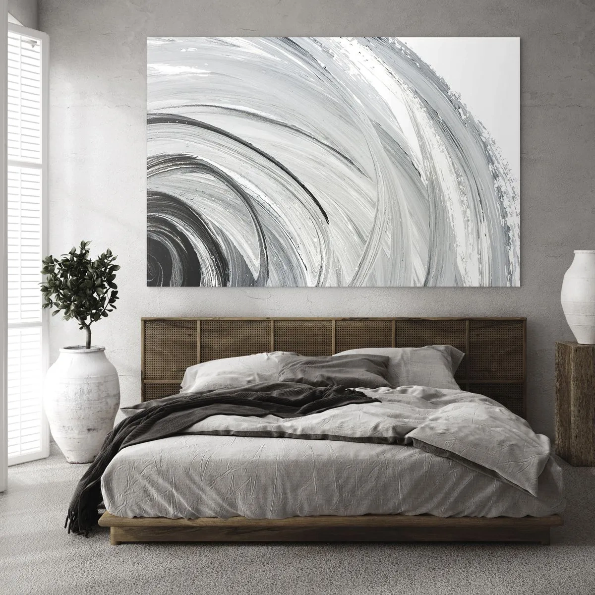 Obraz na skle - Černobílá spirála s dynamickými tahy štětcem. - 70x50cm - Orbitální kompozice - Moderní nástěnná dekorace do obývacího pokoje a ložnice ARTTOR