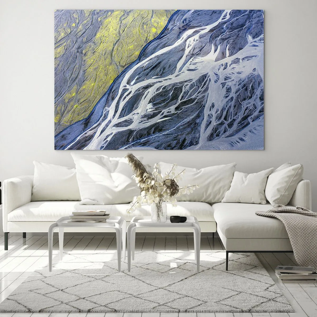 Obraz na skle - Pohled z ptačí perspektivy na zemský povrch s klikatými potoky - 70x50cm - Jeskynní malby přírody - Moderní nástěnná dekorace do obývacího pokoje a ložnice ARTTOR