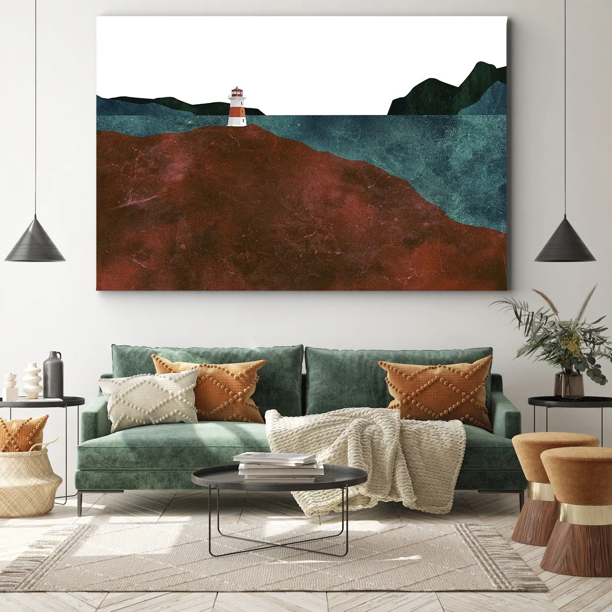 Obraz na plátně - Maják na pozadí hor a moře - 70x50cm - Hledící na moře - Moderní nástěnná dekorace do obývacího pokoje a ložnice ARTTOR