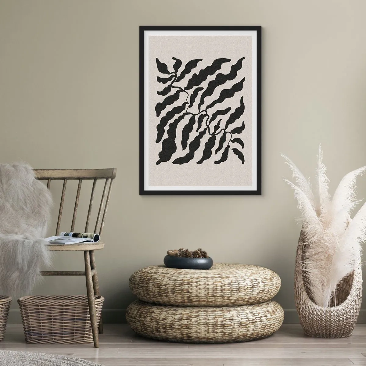 Plakát v černém rámu - Abstraktní rostlinná kompozice v černé barvě na béžovém pozadí - 50x70cm - Povaha čtverce - Moderní nástěnná dekorace do obývacího pokoje a ložnice ARTTOR