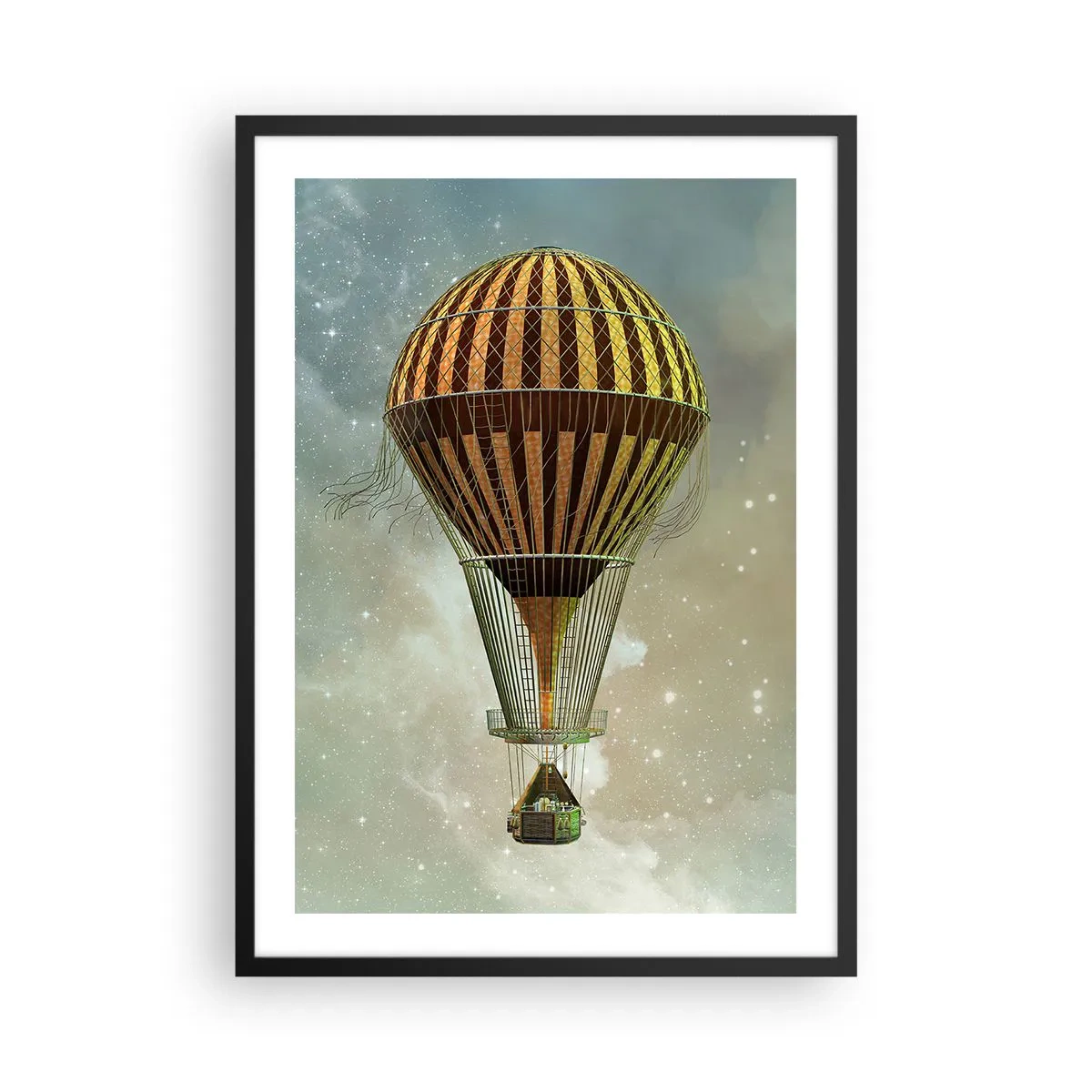 Plakát v černém rámu - Zlatý balón plující ve vesmíru - 50x70cm - Průkopnické lety - Moderní nástěnná dekorace do obývacího pokoje a ložnice ARTTOR