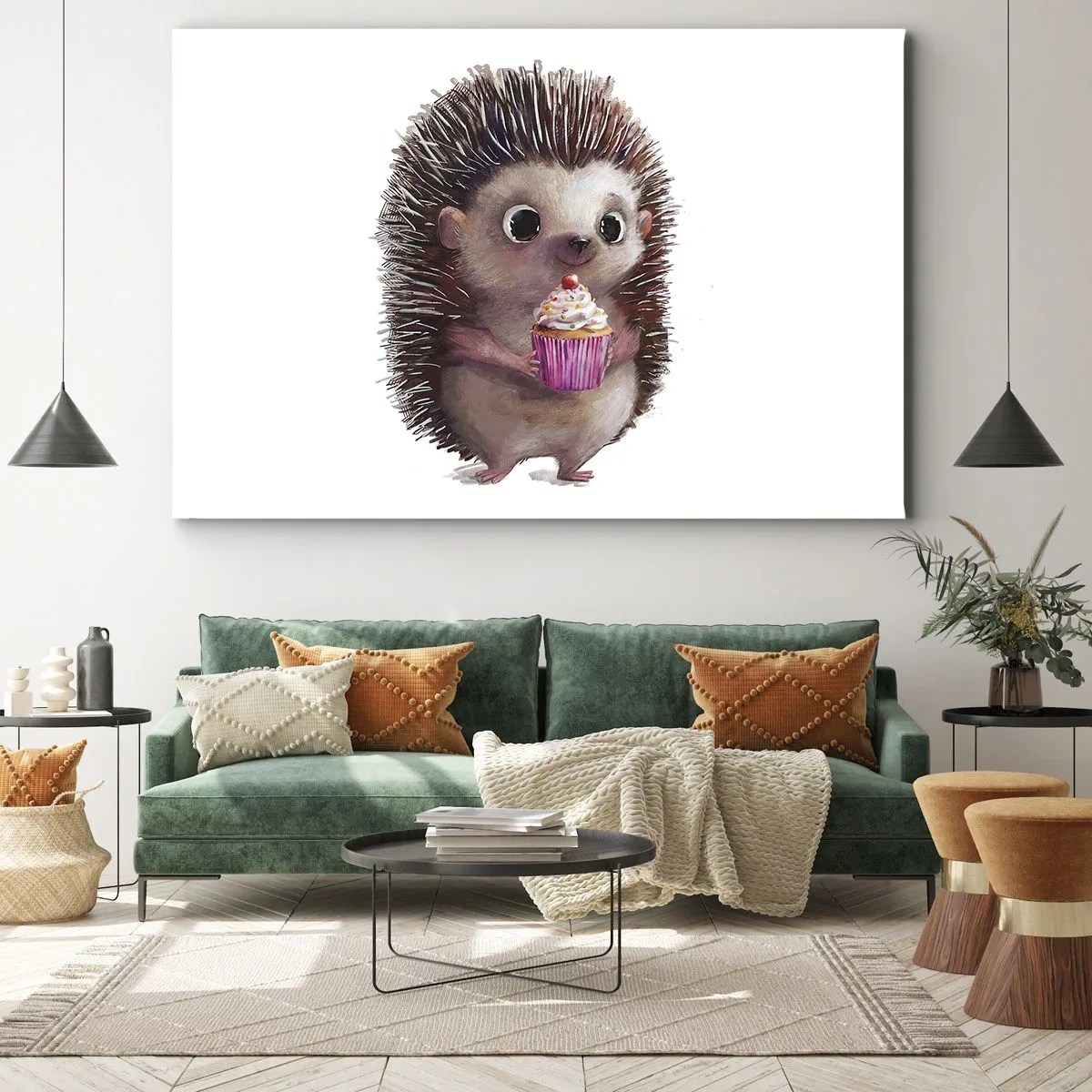 Obraz na plátně - Roztomilý ježek s košíčkem - 70x50cm - Oslava je každý den - Moderní nástěnná dekorace do obývacího pokoje a ložnice ARTTOR