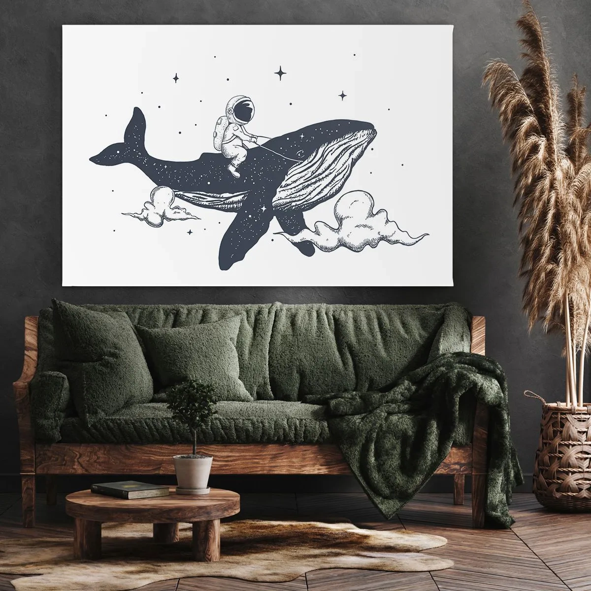 Obraz na plátně - Astronaut na velrybě plující ve vesmíru - 70x50cm - Vesmírné dobrodružství - Moderní nástěnná dekorace do obývacího pokoje a ložnice ARTTOR