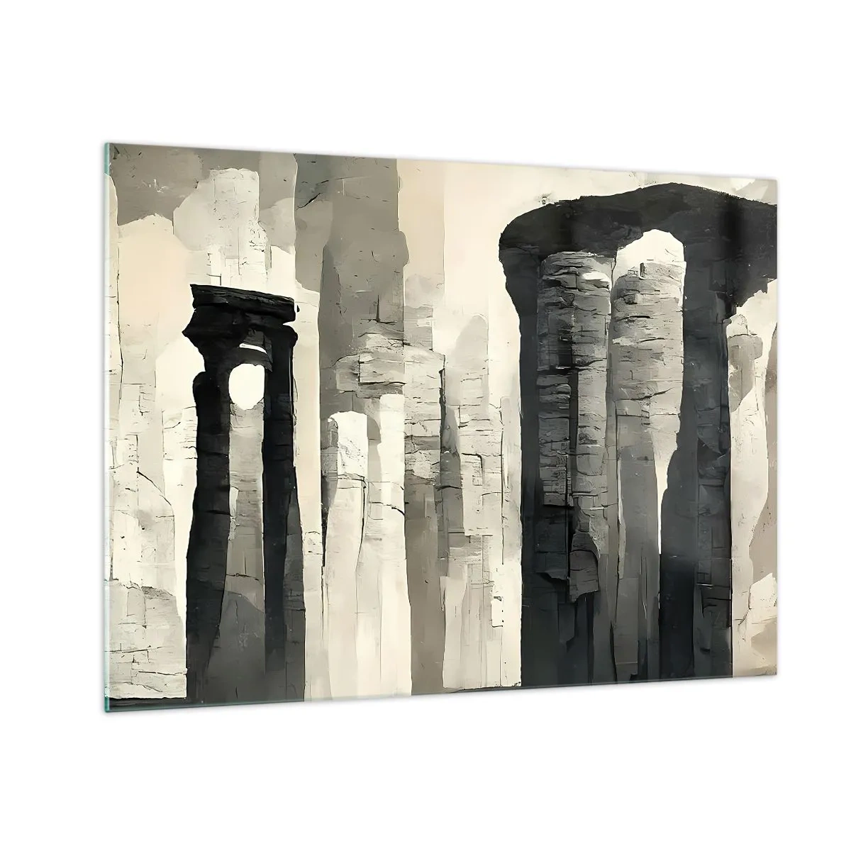Obraz na skle - Kamenné sloupy v antickém stylu v neutrální barevné paletě - 70x50cm - Majestátnost starožitnosti - Moderní nástěnná dekorace do obývacího pokoje a ložnice ARTTOR