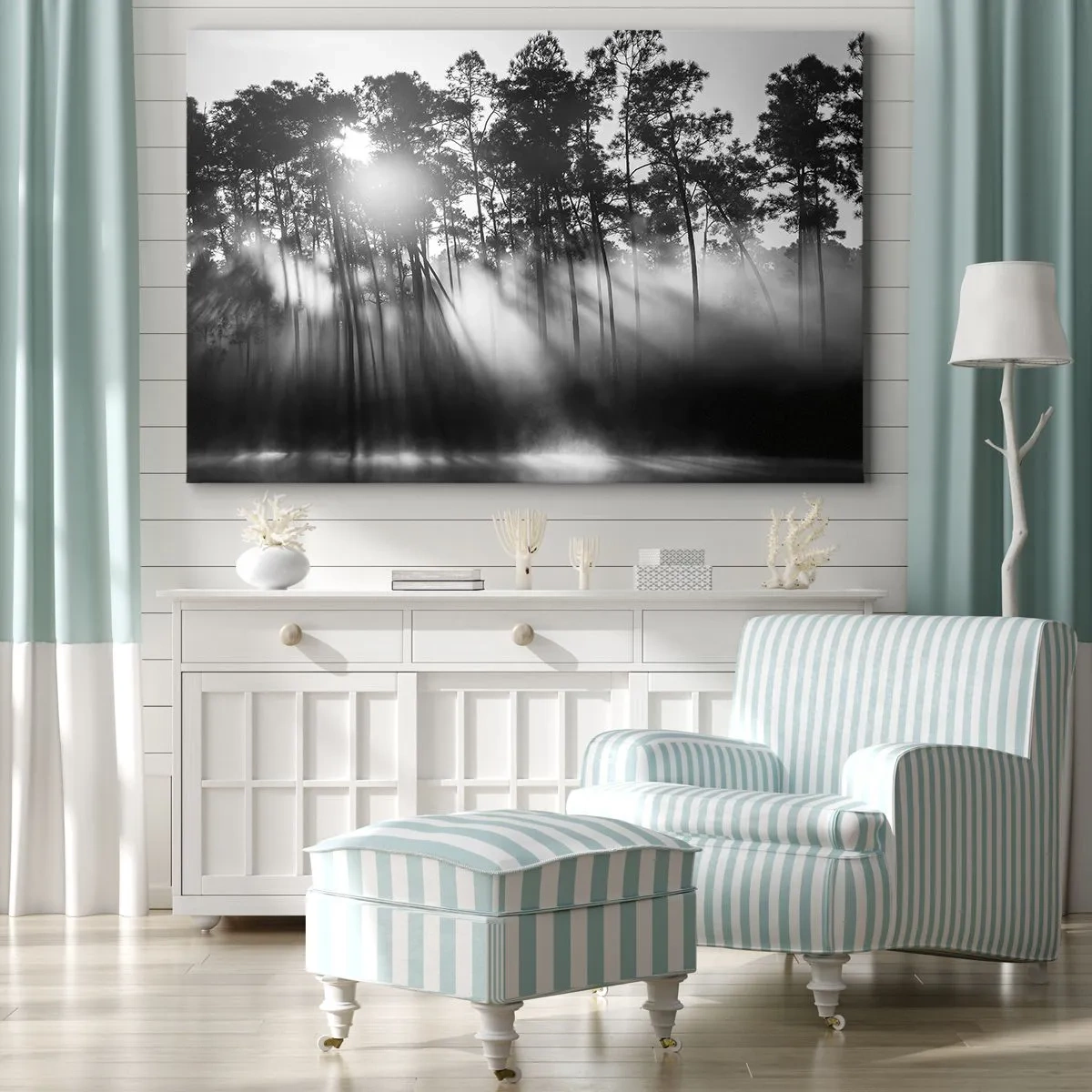Obraz na plátně - Černobílý les v ranní mlze - 70x50cm - Nezastavitelné slunce - Moderní nástěnná dekorace do obývacího pokoje a ložnice ARTTOR