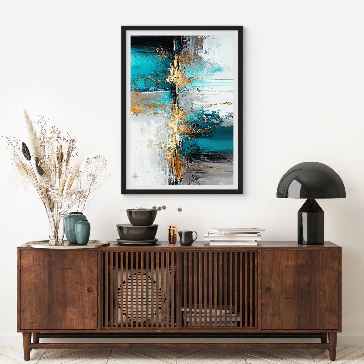 Plakát v černém rámu - Abstraktní kompozice v odstínech tyrkysové a zlaté. - 50x70cm - Všechno plyne - Moderní nástěnná dekorace do obývacího pokoje a ložnice ARTTOR