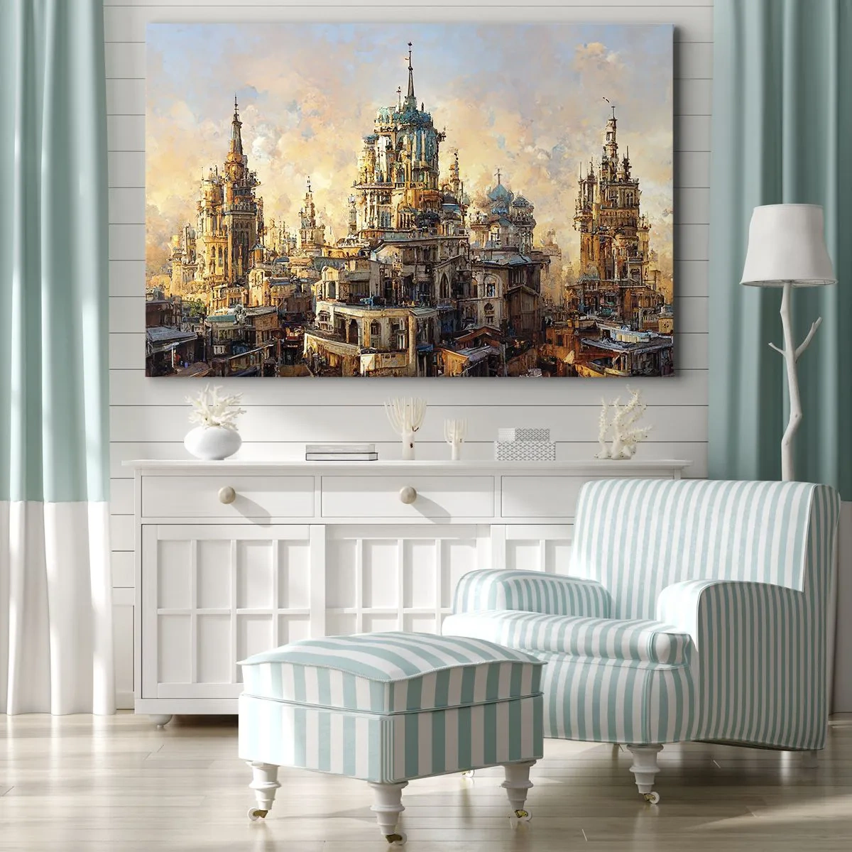 Obraz na plátně - Architektonické věže v paprscích zapadajícího slunce - 70x50cm - Město měst - Moderní nástěnná dekorace do obývacího pokoje a ložnice ARTTOR