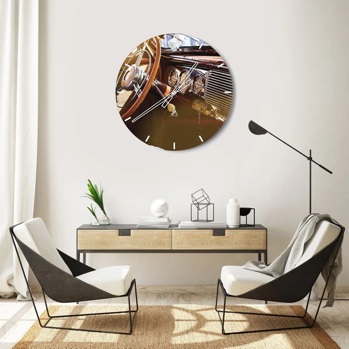 Nástěnné hodiny - Interiér klasického vozu s dřevěným obložením - 30x30cm - Závan luxusu z minulosti - Moderní nástěnná dekorace do obývacího pokoje, kuchyně a ložnice ARTTOR
