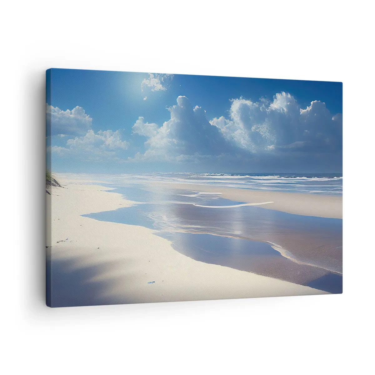 Obraz na plátně - Písečná pláž s vlnami pod modrou oblohou - 70x50cm - Dovolená v ráji - Moderní nástěnná dekorace do obývacího pokoje a ložnice ARTTOR