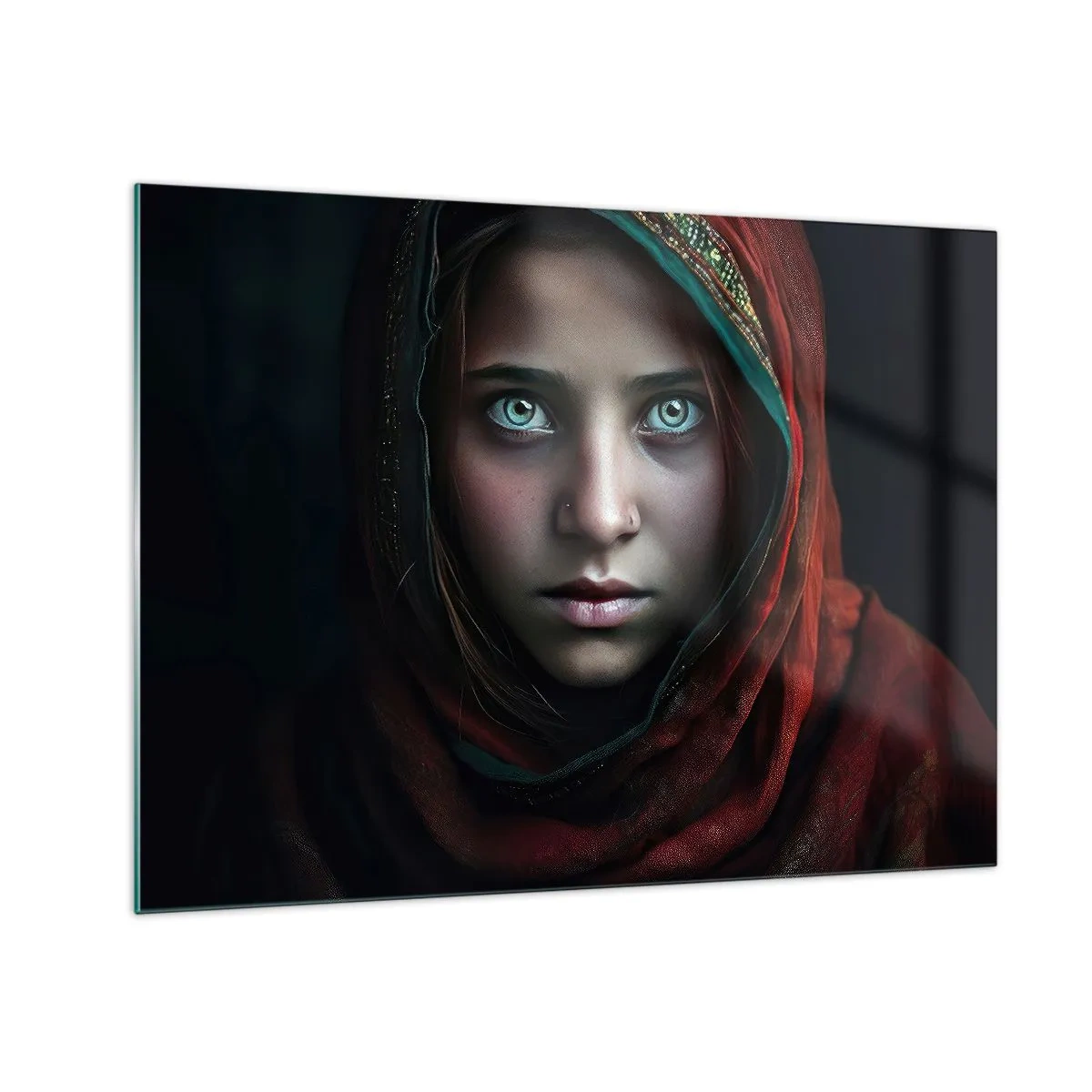 Obraz na skle - Portrét ženy v červeném šátku na tmavém pozadí - 70x50cm - Východní princezna - Moderní nástěnná dekorace do obývacího pokoje a ložnice ARTTOR