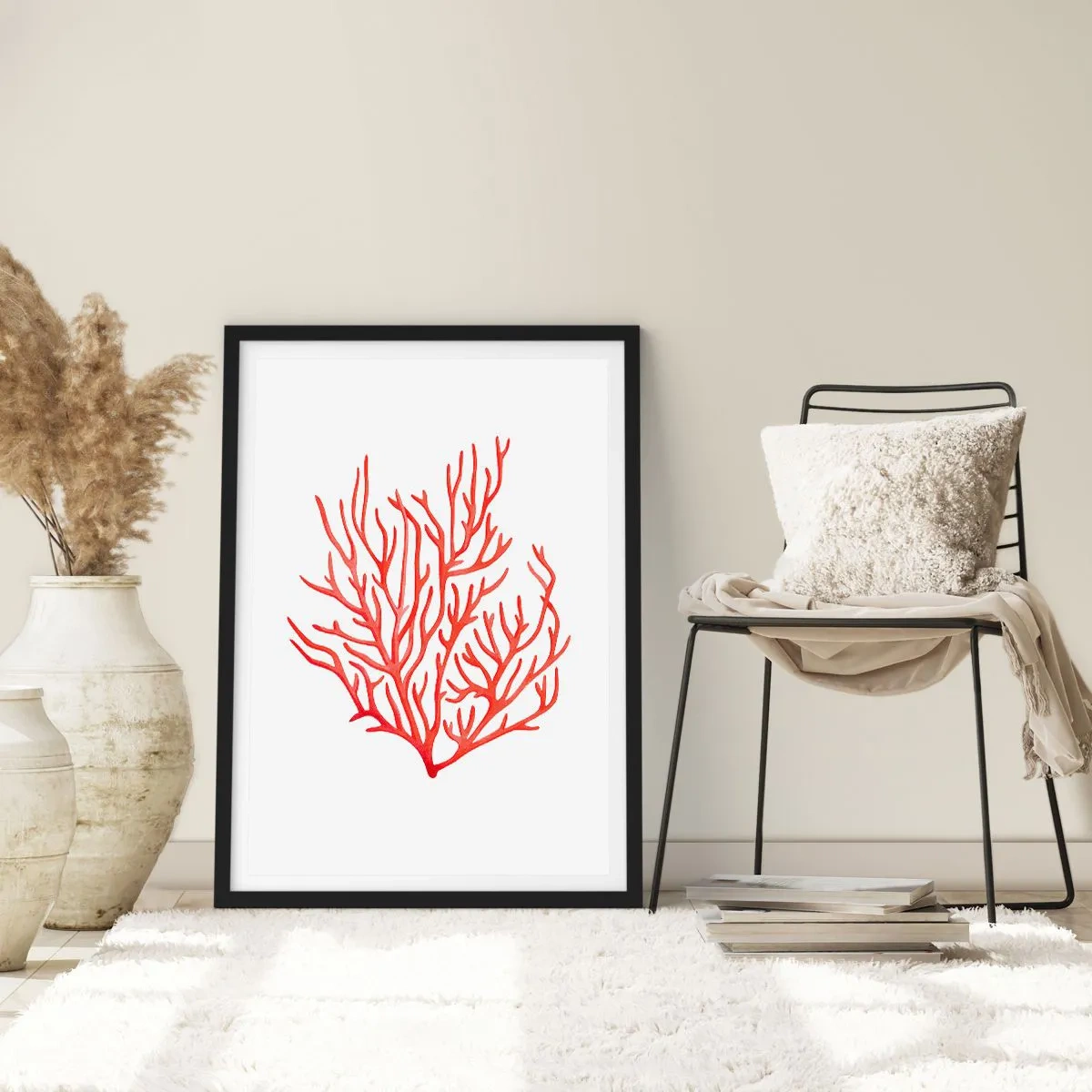 Plakát v černém rámu - Červený korál na bílém pozadí v minimalistickém stylu - 50x70cm - Korálový filigrán - Moderní nástěnná dekorace do obývacího pokoje a ložnice ARTTOR