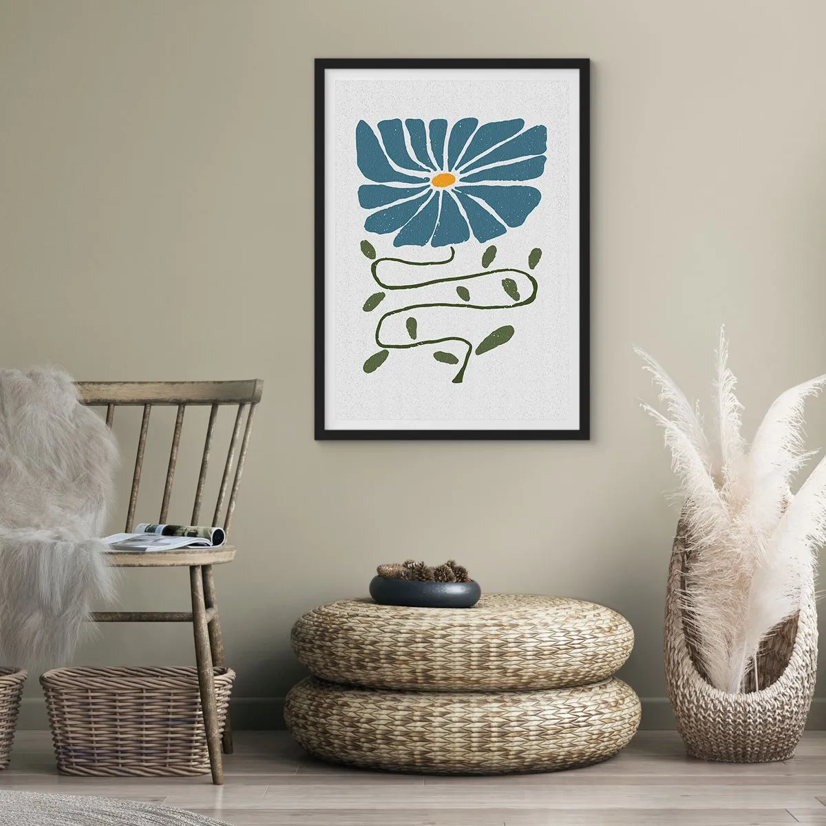 Plakát v černém rámu - Modrá květina s klikatým stonkem na světlém pozadí - 50x70cm - Větvičkou ke květu - Moderní nástěnná dekorace do obývacího pokoje a ložnice ARTTOR