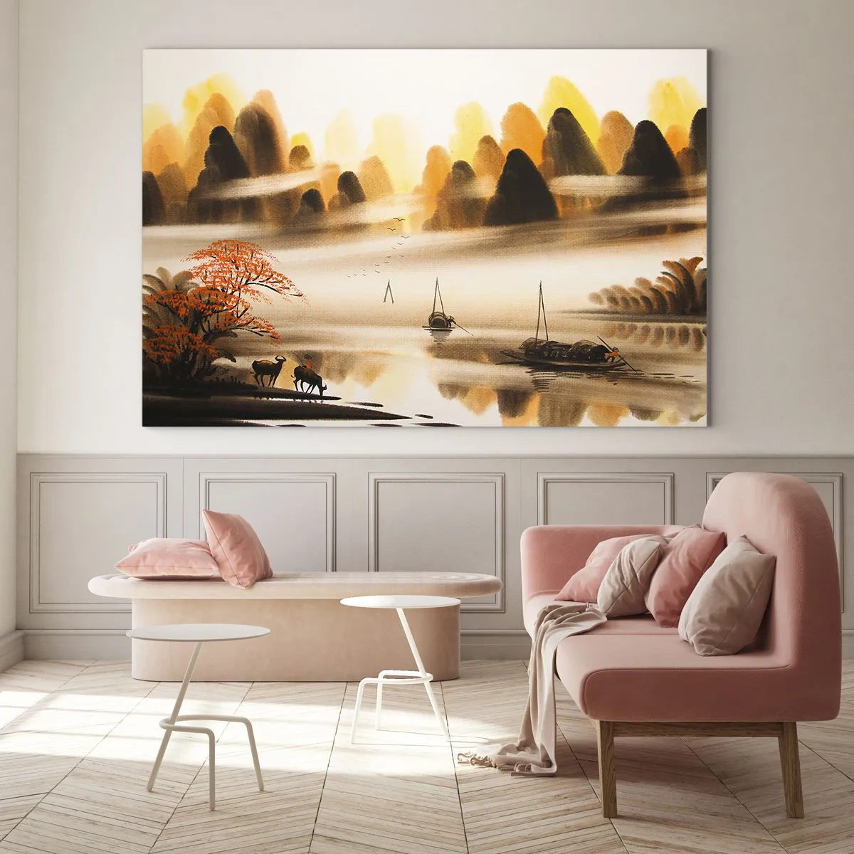 Obraz na skle - Orientální krajina s loděmi a horami v mlze - 70x50cm - Dál než na Dálném východu - Moderní nástěnná dekorace do obývacího pokoje a ložnice ARTTOR