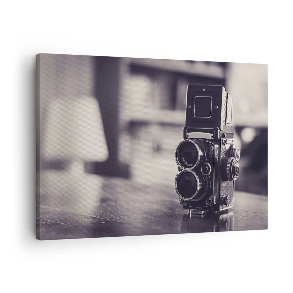Obraz na plátně - Starožitný fotoaparát v černé a bílé - 70x50cm - Kouzlo staré fotografie - Moderní nástěnná dekorace do obývacího pokoje a ložnice ARTTOR