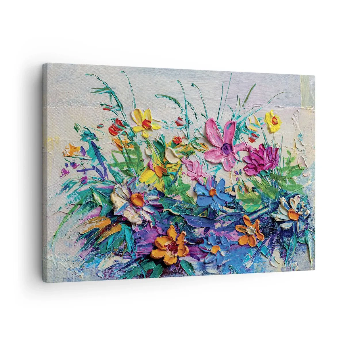 Obraz na plátně - Barevná kytice květin malovaná technikou impasto - 70x50cm - Vůbec ne zátiší - Moderní nástěnná dekorace do obývacího pokoje a ložnice ARTTOR