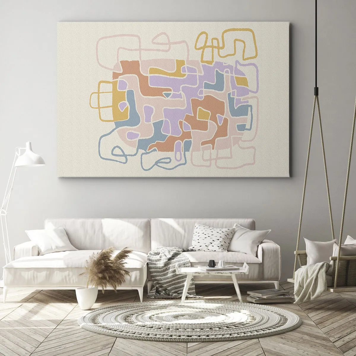 Obraz na plátně - Pastelové abstraktní linie vytvářející geometrické vzory - 70x50cm - Labyrint – veselé dobrodružství - Moderní nástěnná dekorace do obývacího pokoje a ložnice ARTTOR