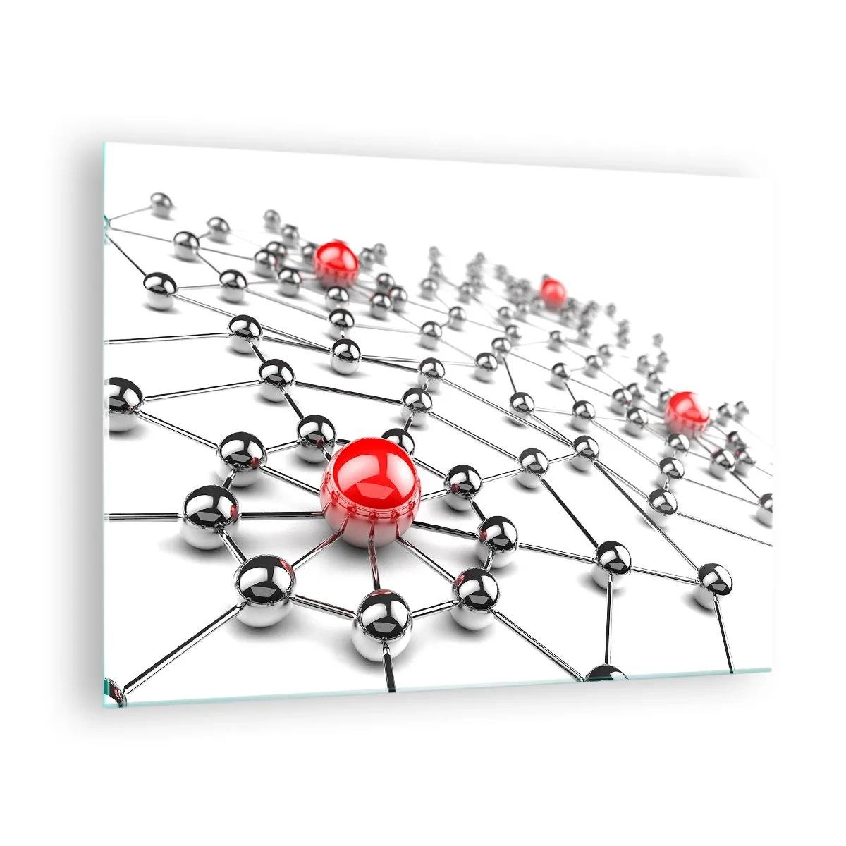 Obraz na skle - Stříbrná molekulární síť s červenými akcenty - 70x50cm - Stříbrná síť - Moderní nástěnná dekorace do obývacího pokoje a ložnice ARTTOR
