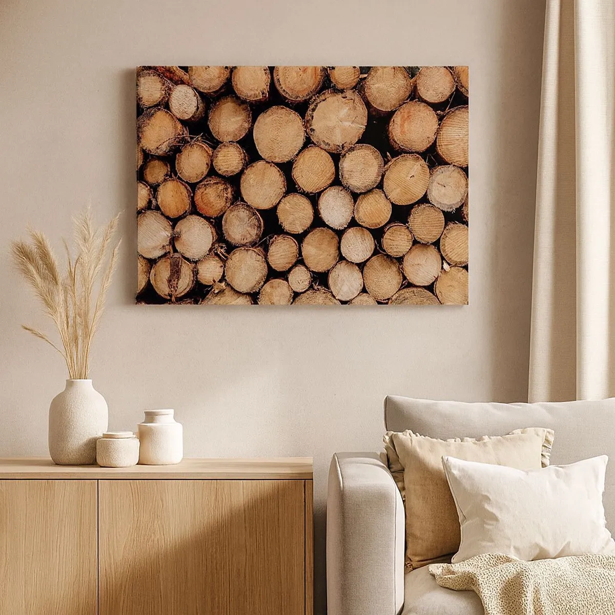Obraz na plátně - Hromady pokácených kmenů stromů uspořádané v harmonii - 70x50cm - Nový začátek - Moderní nástěnná dekorace do obývacího pokoje a ložnice ARTTOR