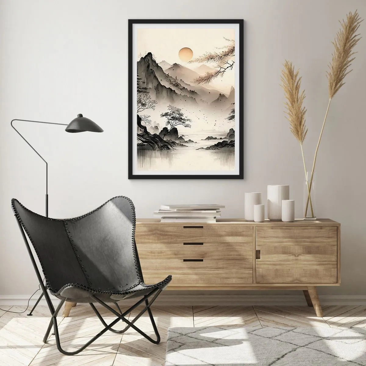 Plakát v černém rámu - Minimalistická horská krajina v japonském stylu - 50x70cm - Jedinečné kouzlo orientu - Moderní nástěnná dekorace do obývacího pokoje a ložnice ARTTOR