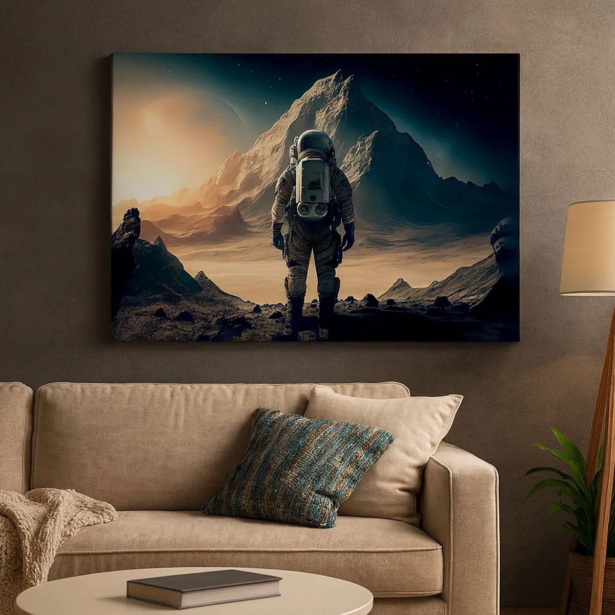 Obraz na plátně - Astronaut na pozadí majestátních hor - 70x50cm - Nová výzva - Moderní nástěnná dekorace do obývacího pokoje a ložnice ARTTOR