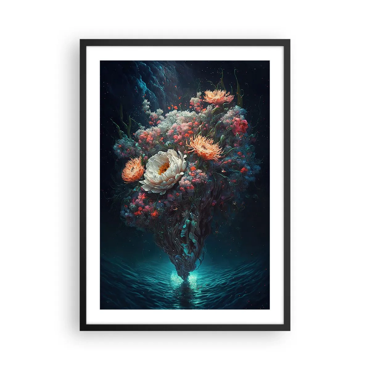 Plakát v černém rámu - Kouzelné aranžmá květin plovoucí nad vodou - 50x70cm - Podivná zahrada - Moderní nástěnná dekorace do obývacího pokoje a ložnice ARTTOR