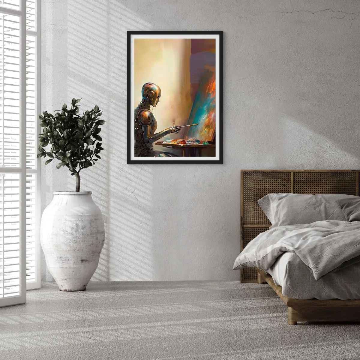Plakát v černém rámu - Robotický malíř u stojanu ve futuristickém stylu - 50x70cm - Umění budoucnosti - Moderní nástěnná dekorace do obývacího pokoje a ložnice ARTTOR