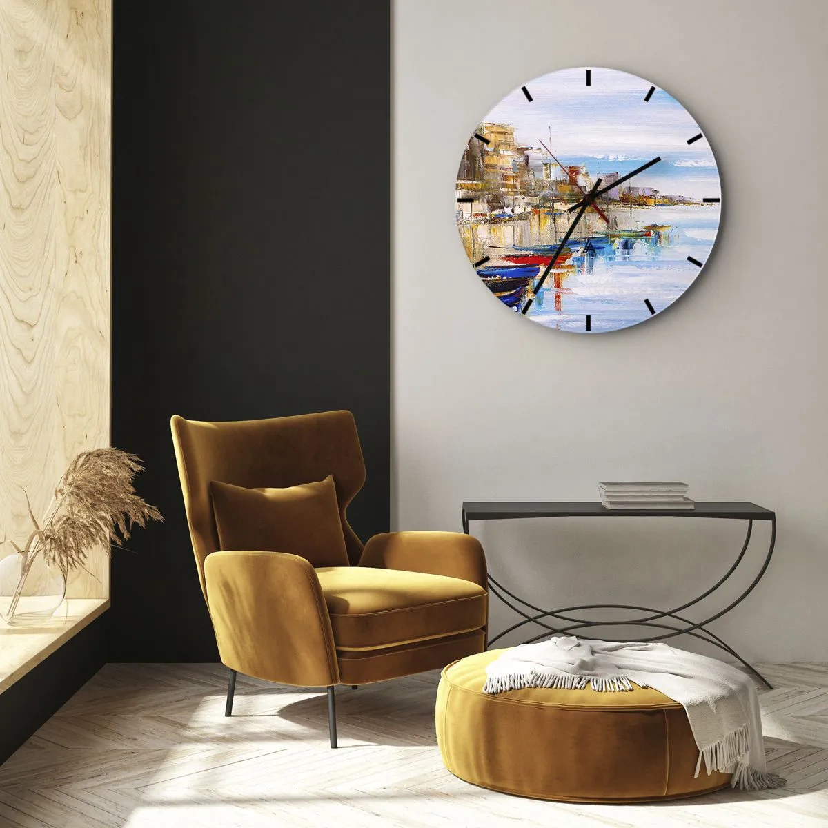 Nástěnné hodiny - Barevné městské útočiště v impresionistickém stylu - 30x30cm - Vícebarevný městský přístav - Moderní nástěnná dekorace do obývacího pokoje, kuchyně a ložnice ARTTOR