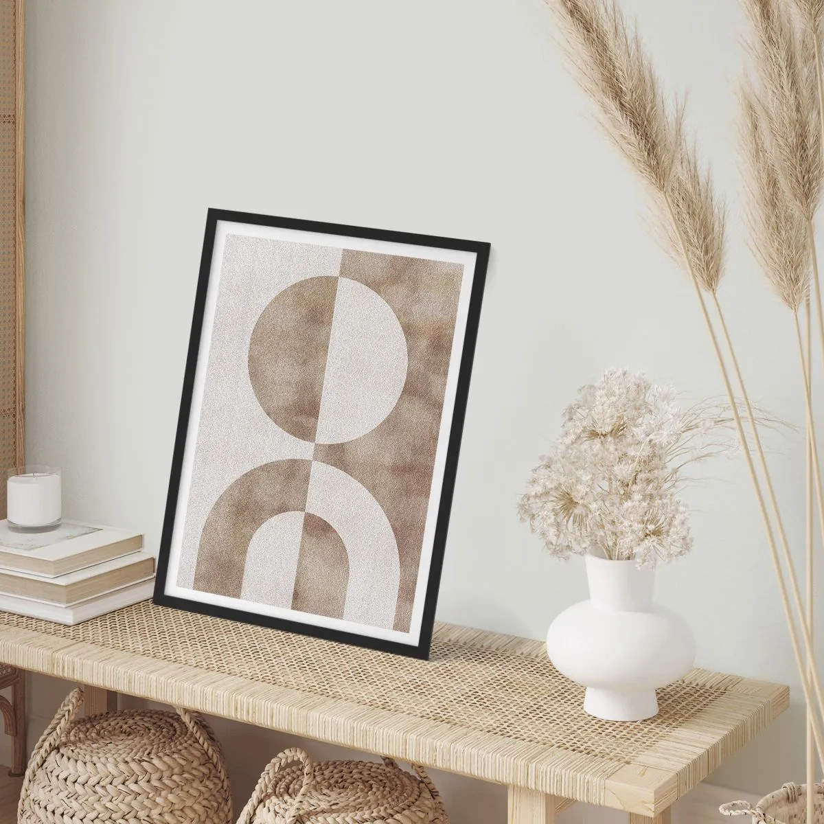 Plakát v černém rámu - Geometrická abstrakce v teplých béžových odstínech - 50x70cm - Podobnosti a rozdíly - Moderní nástěnná dekorace do obývacího pokoje a ložnice ARTTOR