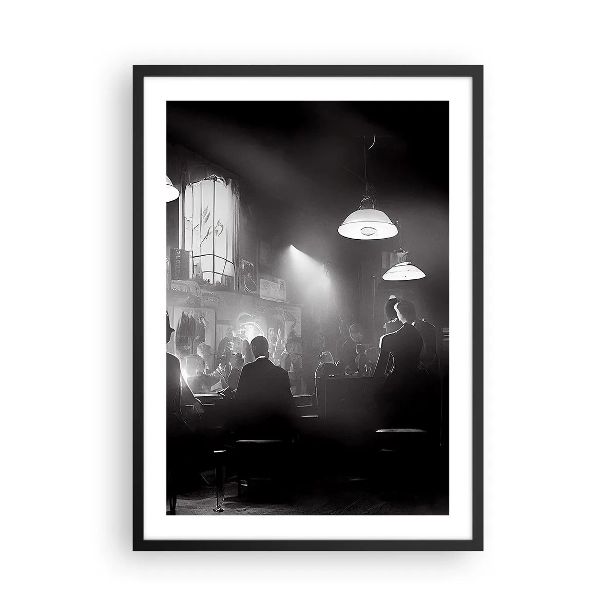Plakát v černém rámu - Černobílá scéna z atmosférického jazzového nočního klubu - 50x70cm - V jazzové atmosféře - Moderní nástěnná dekorace do obývacího pokoje a ložnice ARTTOR