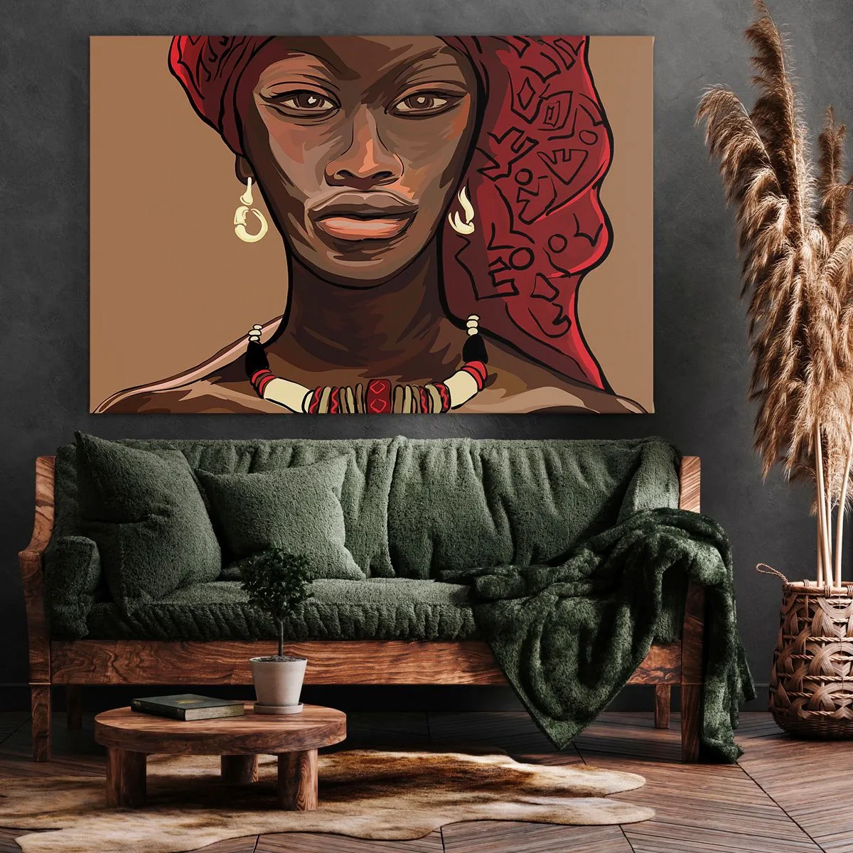Obraz na plátně - Portrét ženy s červeným turbanem na béžovém pozadí - 70x50cm - Ebenová Venuše - Moderní nástěnná dekorace do obývacího pokoje a ložnice ARTTOR