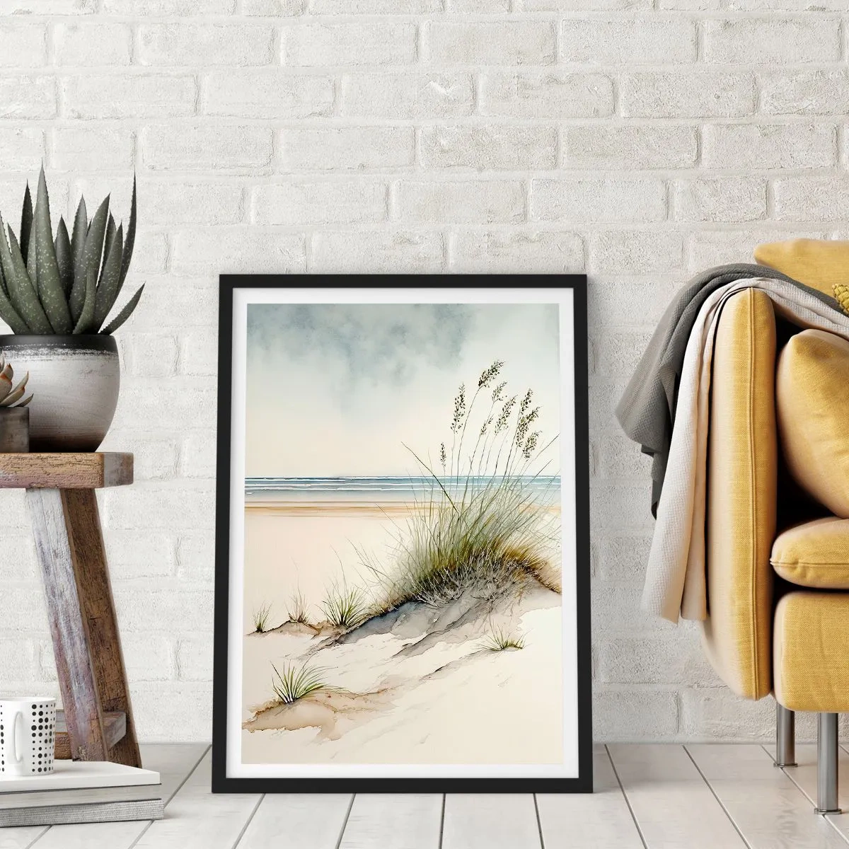Plakát v černém rámu - Pohlazen větrem - trávy na dunách u pláže - 50x70cm - Stvořená větrem - Moderní nástěnná dekorace do obývacího pokoje a ložnice ARTTOR