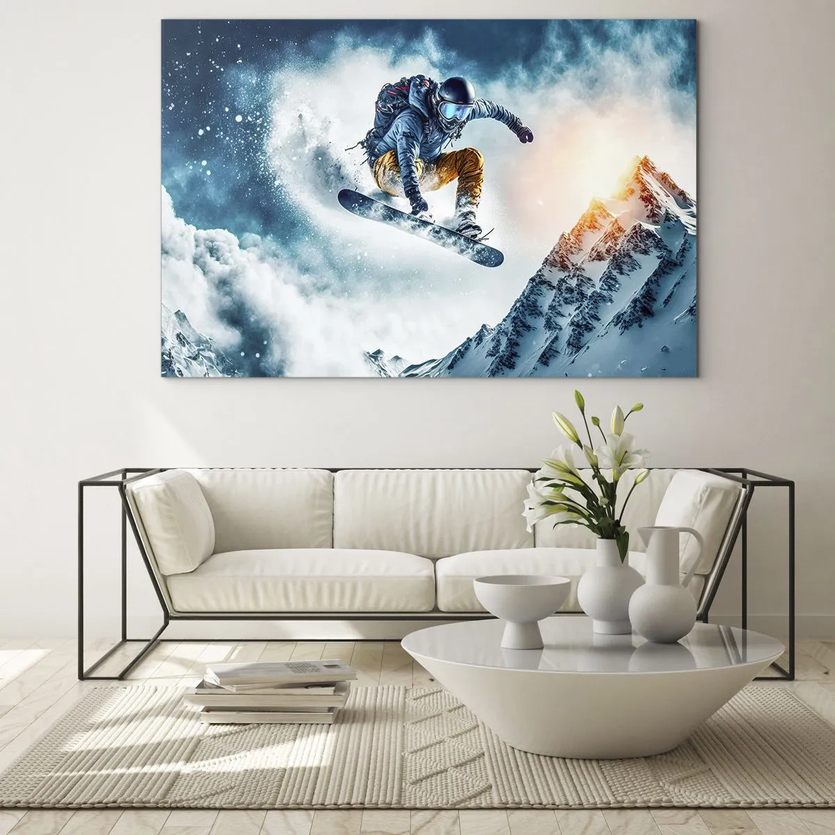 Obraz na skle - Snowboardista letí nad zasněženými horami - 70x50cm - Extrémní emoce - Moderní nástěnná dekorace do obývacího pokoje a ložnice ARTTOR