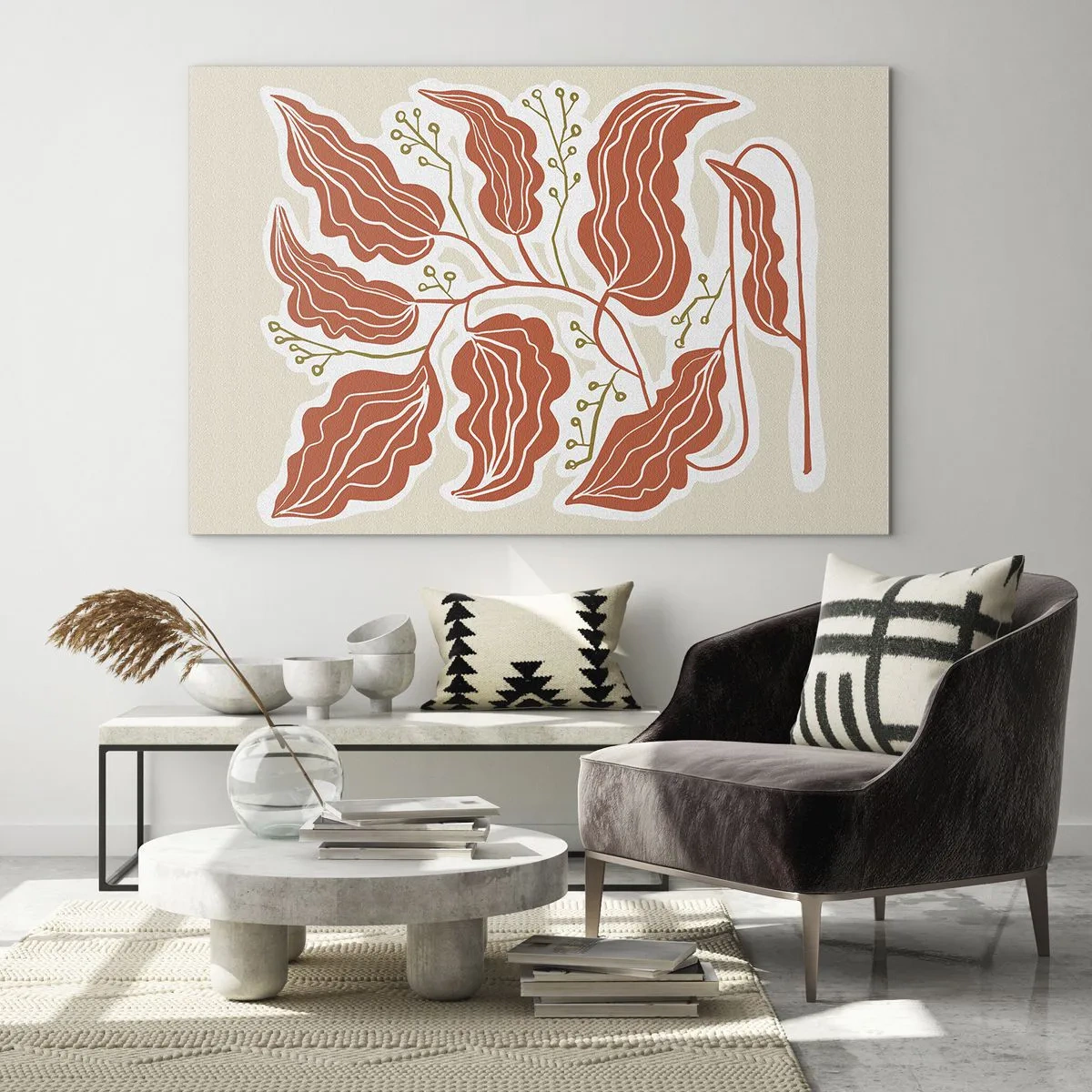 Obraz na skle - Korálové listy s lidovým vzorem na světlém pozadí - 70x50cm - Lidově a korálově - Moderní nástěnná dekorace do obývacího pokoje a ložnice ARTTOR