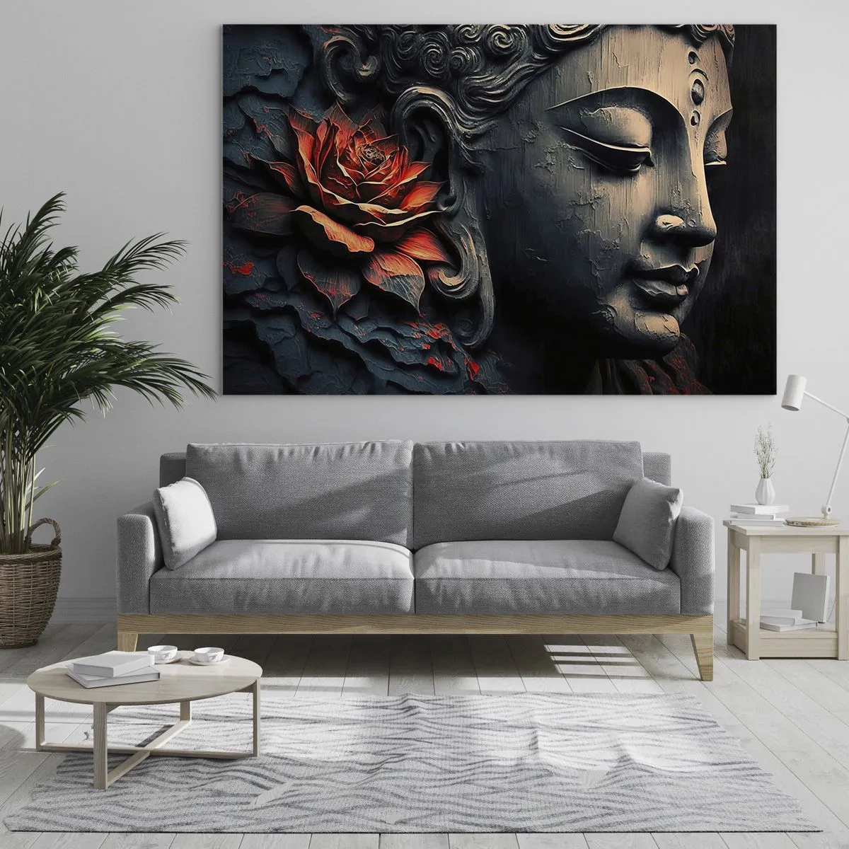 Obraz na skle - Profil meditující postavy s červenou květinou na tmavém pozadí. - 70x50cm - V souladu se světem - Moderní nástěnná dekorace do obývacího pokoje a ložnice ARTTOR